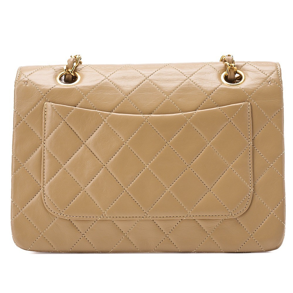 Lambskin Matelassé Full Flap Chain Shoulder Bag, Beige, Gold Hardware, Size 0 — view 2