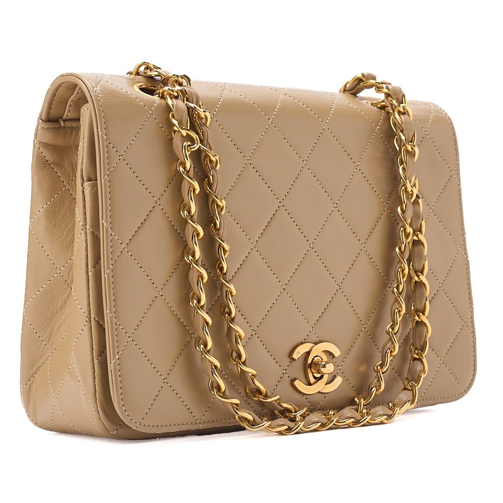 Lambskin Matelassé Full Flap Chain Shoulder Bag, Beige, Gold Hardware, Size 0 — view 3