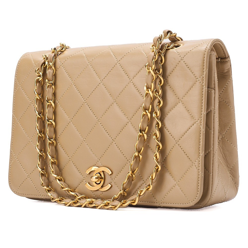 Lambskin Matelassé Full Flap Chain Shoulder Bag, Beige, Gold Hardware, Size 0 — view 4