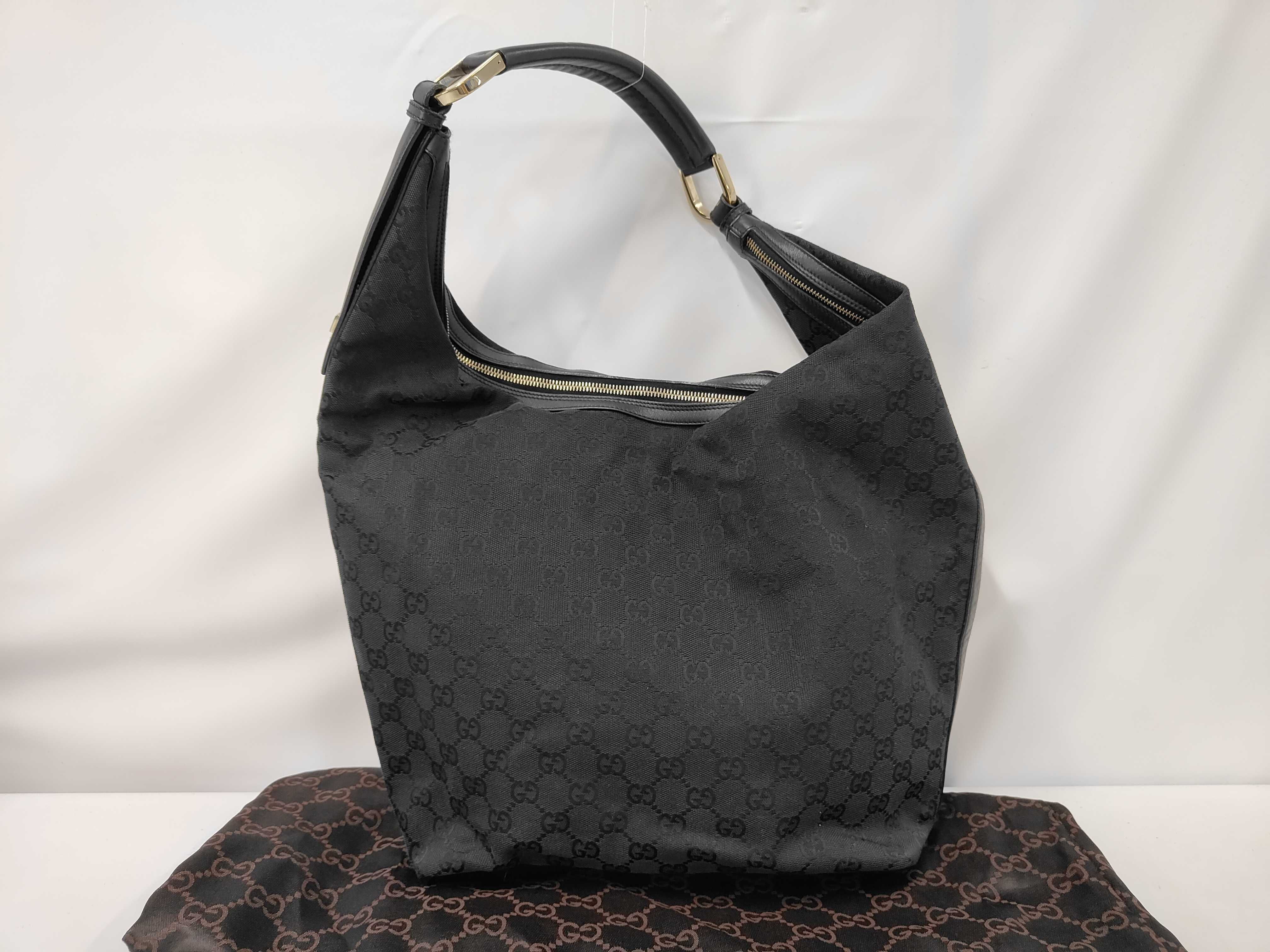 Black Leather GG Canvas Hobo One Shoulder Bag (Shoulder Bag)