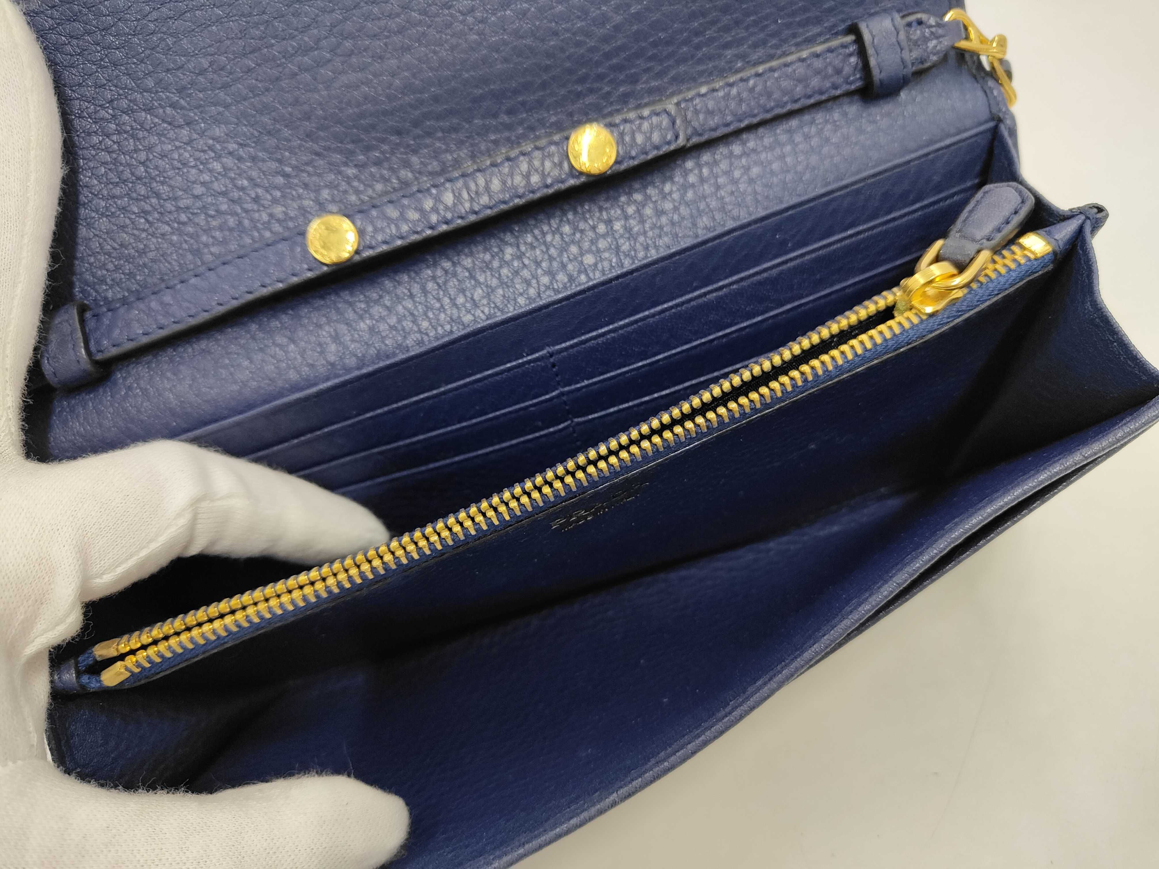 leather blue chain wallet with gold hardware, comes with box. — view 11
