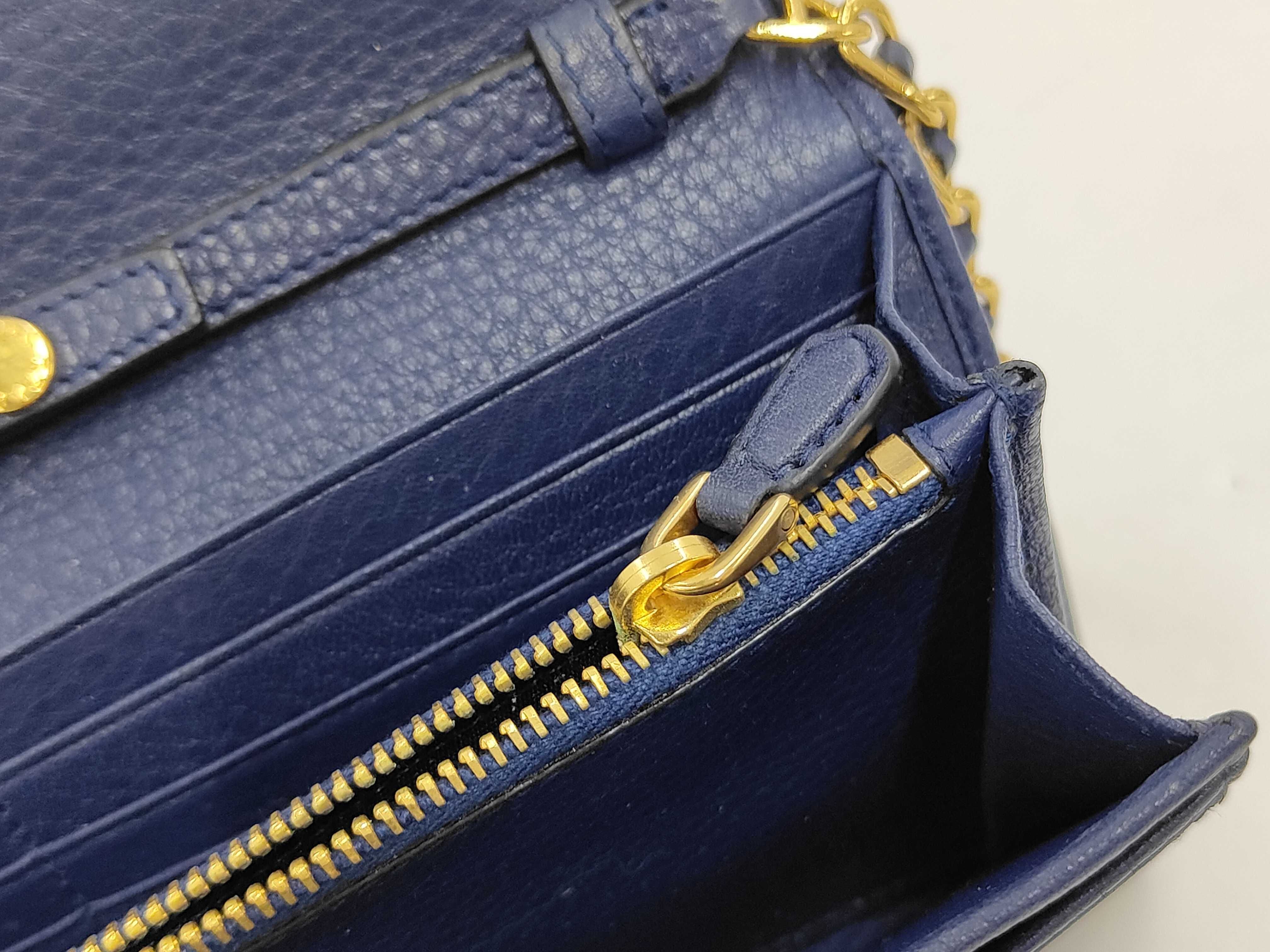 leather blue chain wallet with gold hardware, comes with box. — view 12