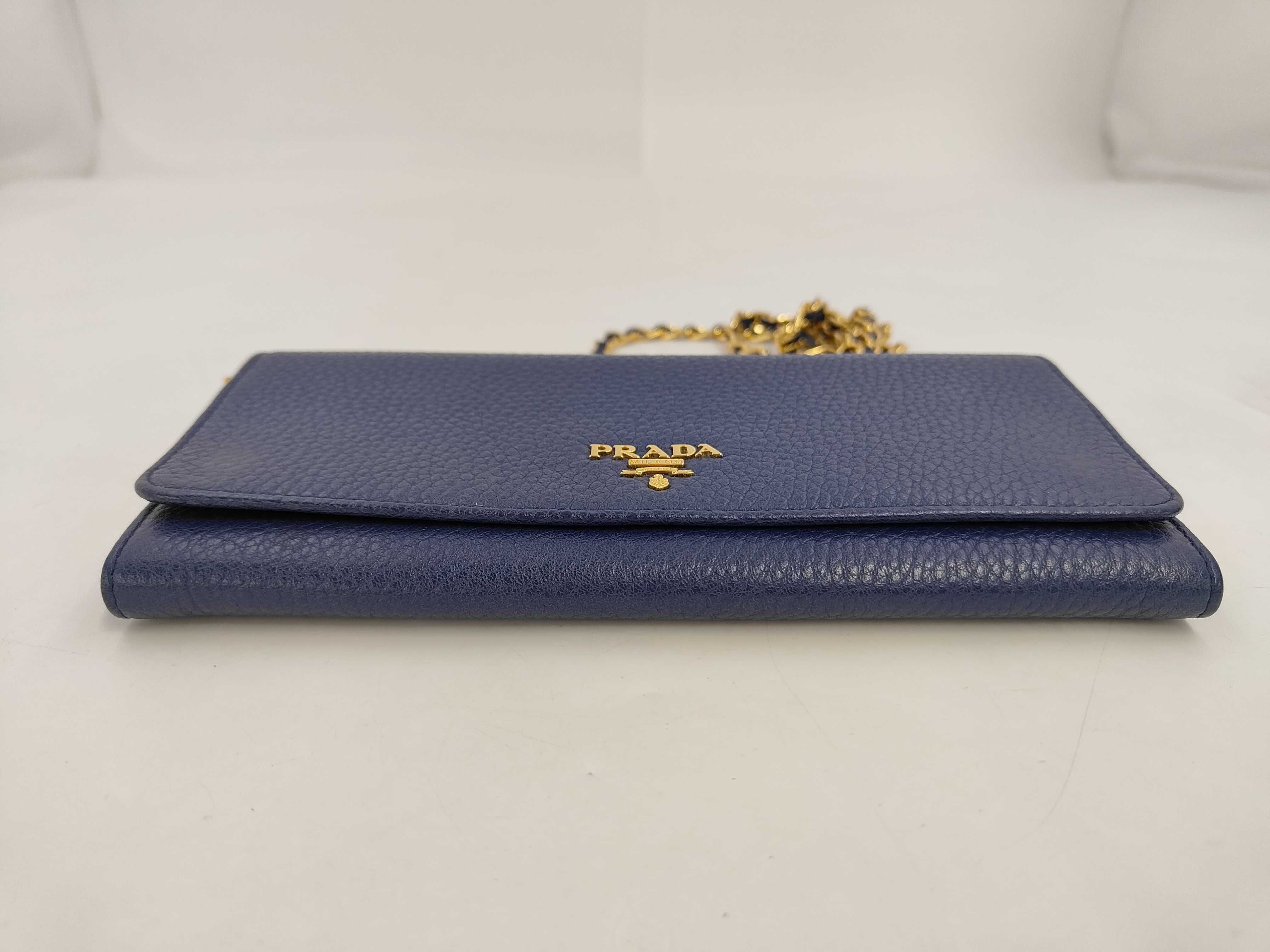 leather blue chain wallet with gold hardware, comes with box. — view 3