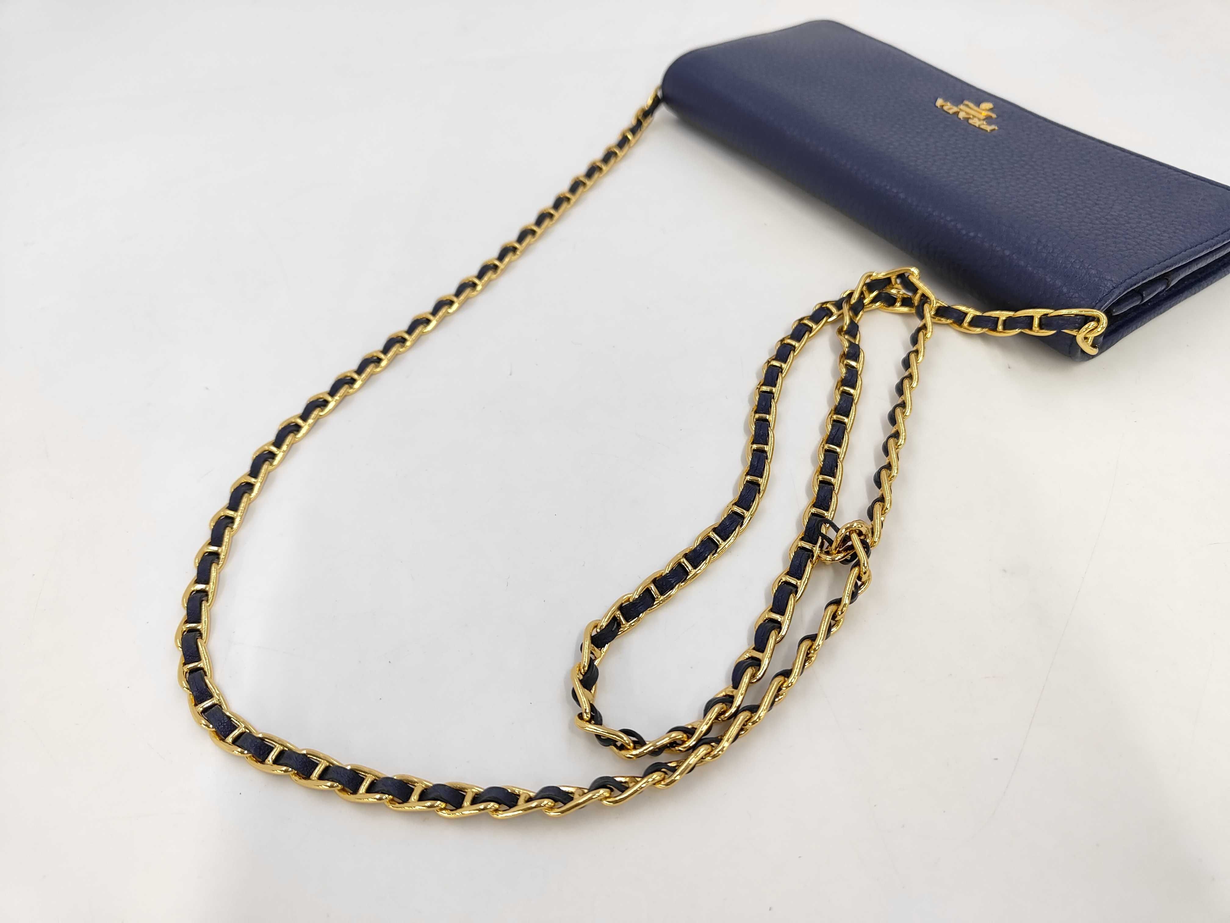 leather blue chain wallet with gold hardware, comes with box. — view 7
