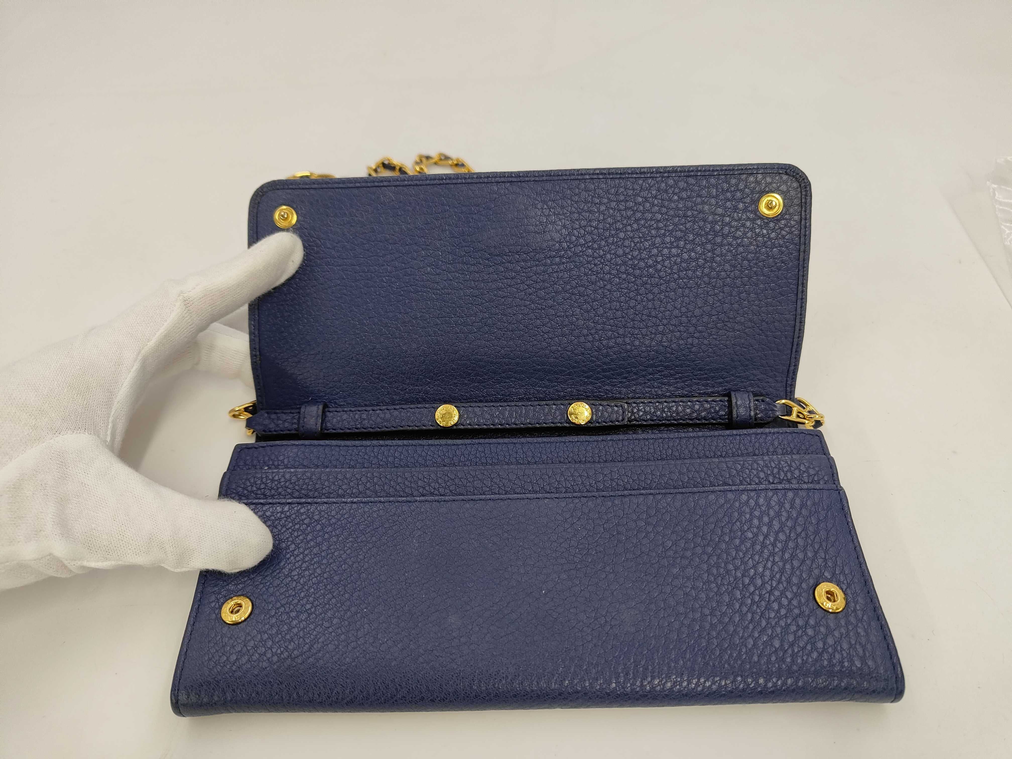 leather blue chain wallet with gold hardware, comes with box. — view 10