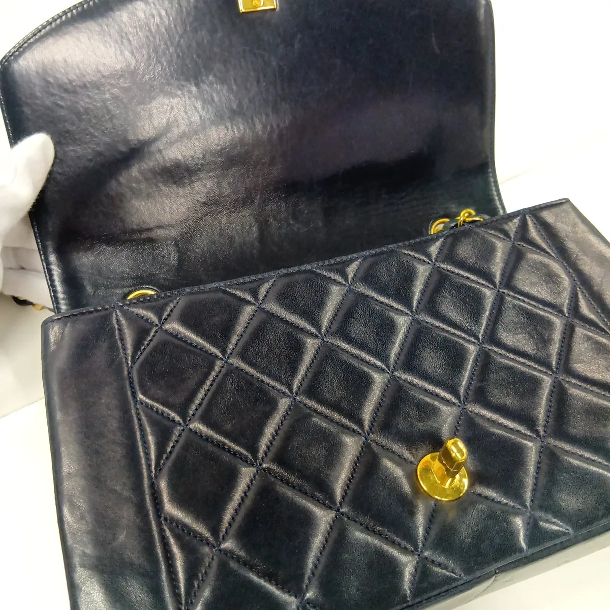 Matelassé Lambskin Single Flap Single Chain Bag, Diana Flap, Navy, Gold Hardware, 1816125, Series 1 — view 11