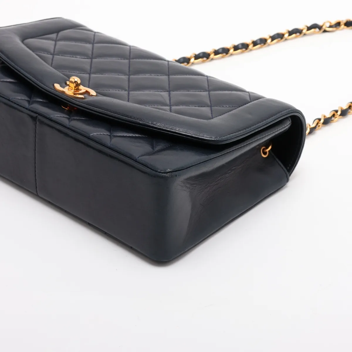 Matelassé Lambskin Single Flap Single Chain Bag, Diana Flap, Navy, Gold Hardware, 1816125, Series 1 — view 3
