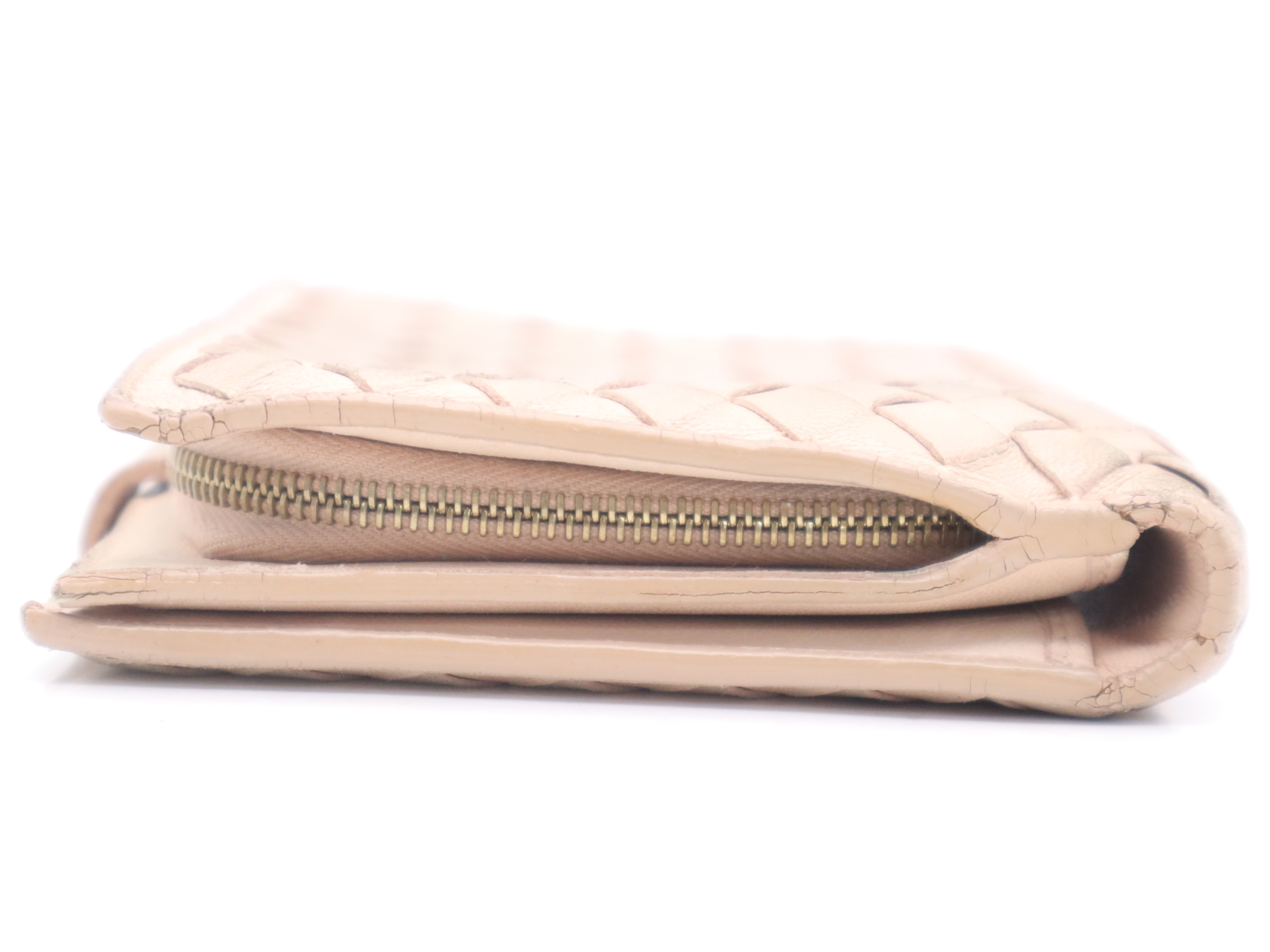 Leather Intrecciato Bi-fold Wallet, Baby Pink — view 3