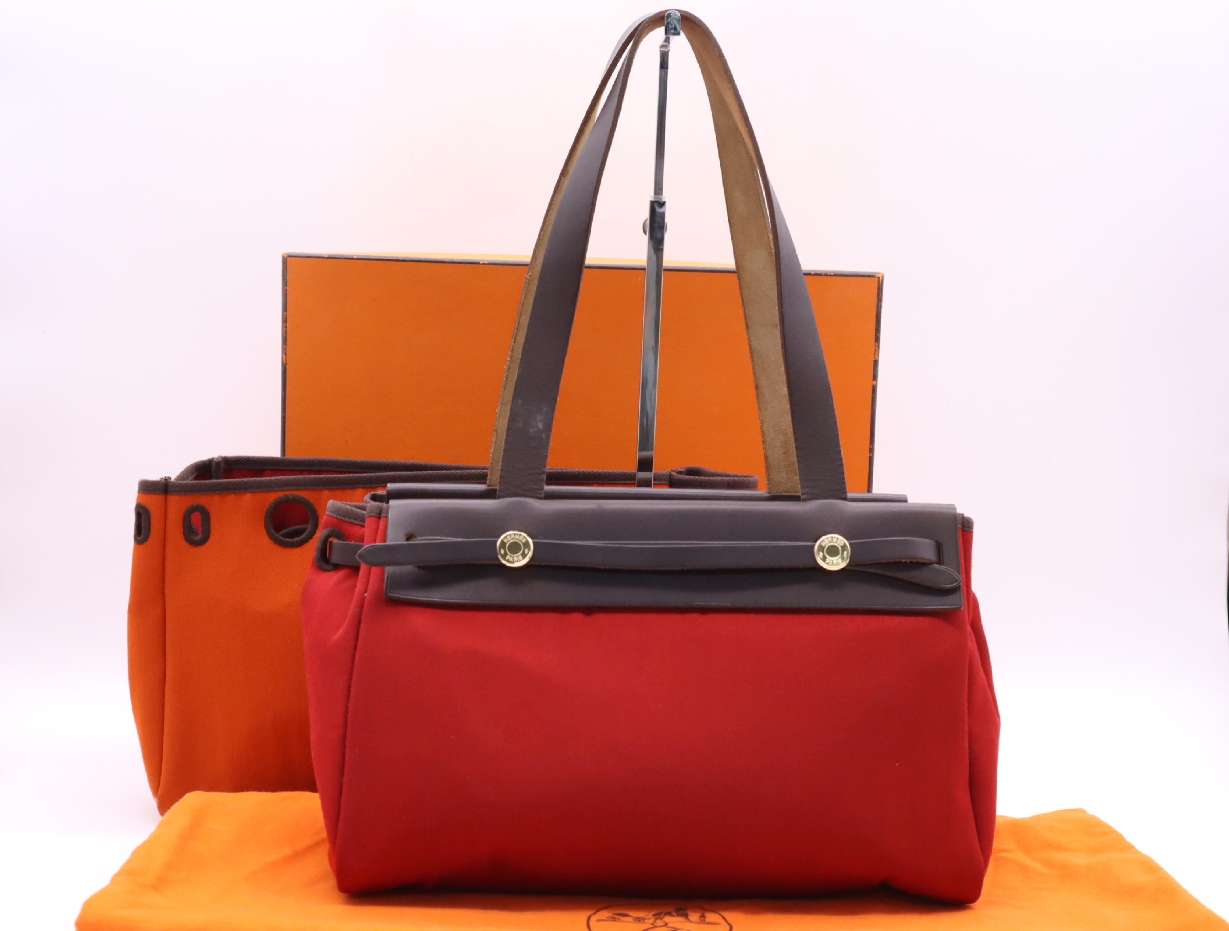 Canvas x Leather Herbag Cabas PM Tote Bag, Red, Gold Hardware, Includes Replacement Bag, Dust Bag, and Box, G Stamp, 2003 Tote Bag