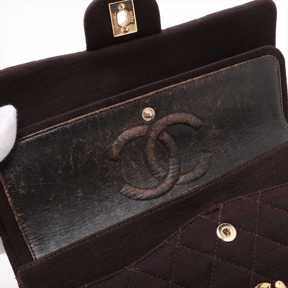 Matelasse 25 canvas double flap double chain bag brown gold hardware 7665924 7th series A01112 — view 10