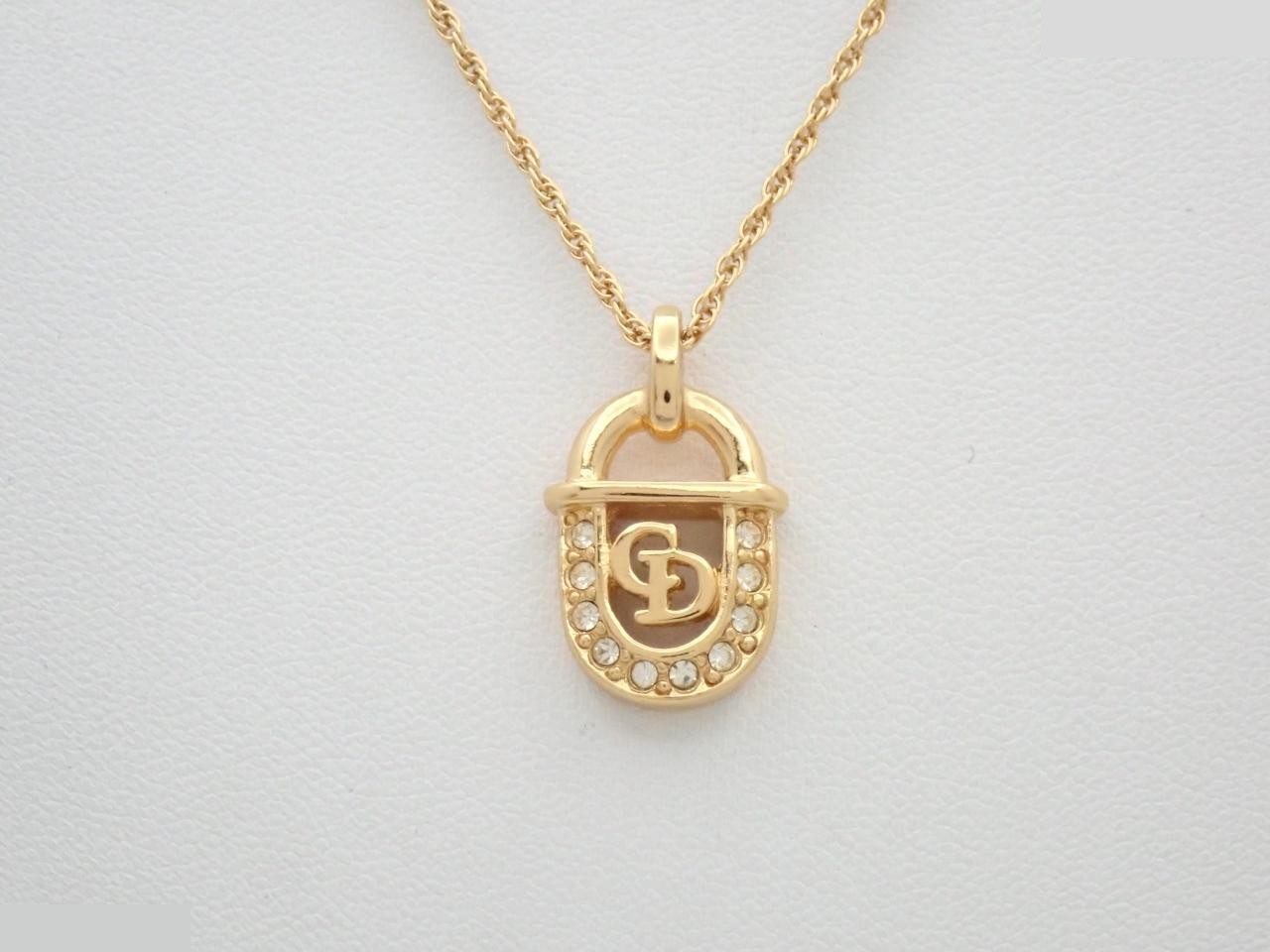 CD logo padlock motif necklace with rhinestones, gold plated, 6.0g