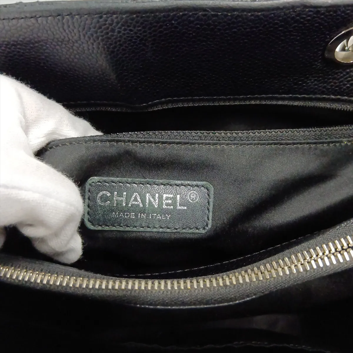 GST Caviar Skin Chain Tote Bag, Black with Silver Hardware — view 15