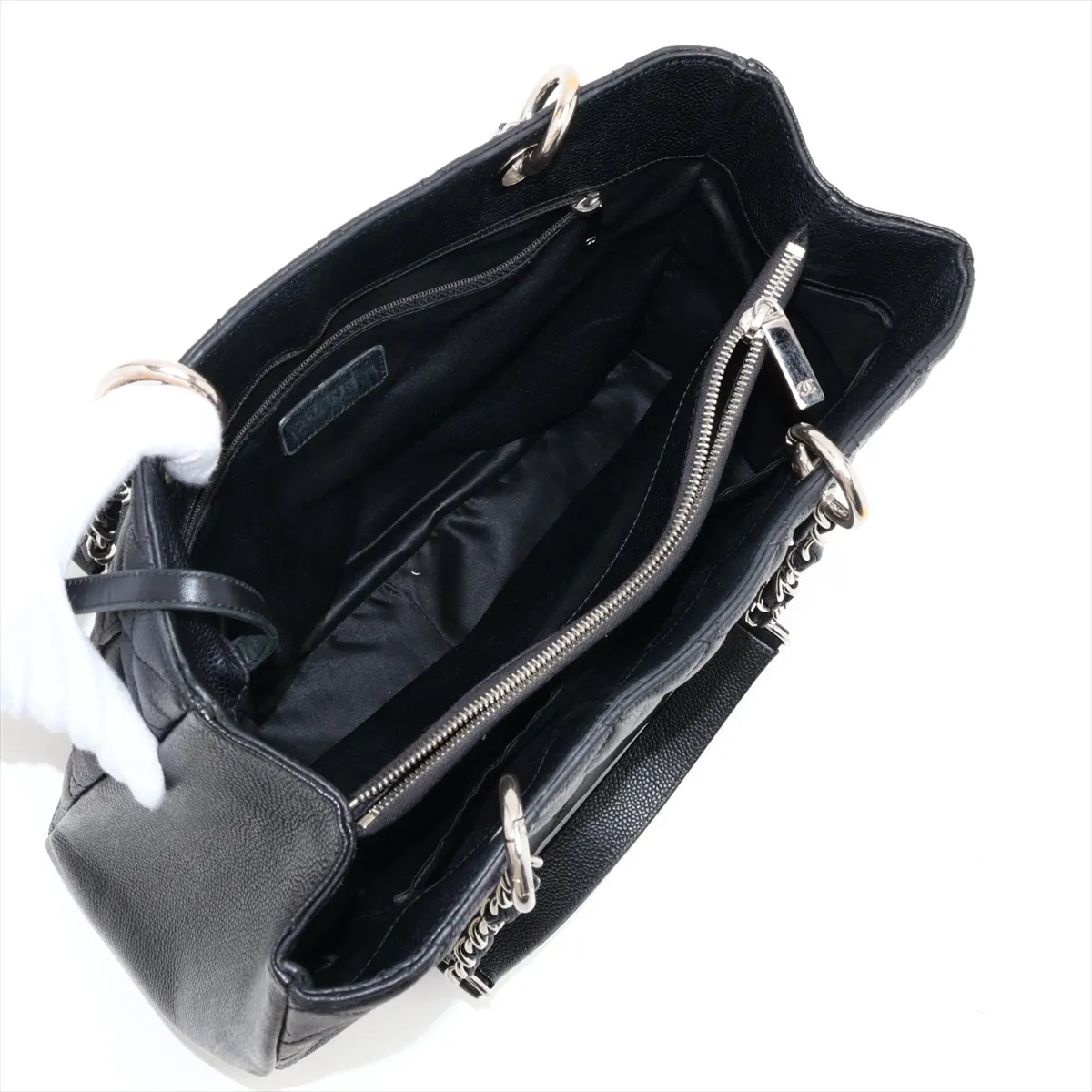 GST Caviar Skin Chain Tote Bag, Black with Silver Hardware — view 7
