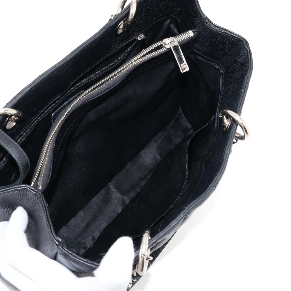 GST Caviar Skin Chain Tote Bag, Black with Silver Hardware — view 8