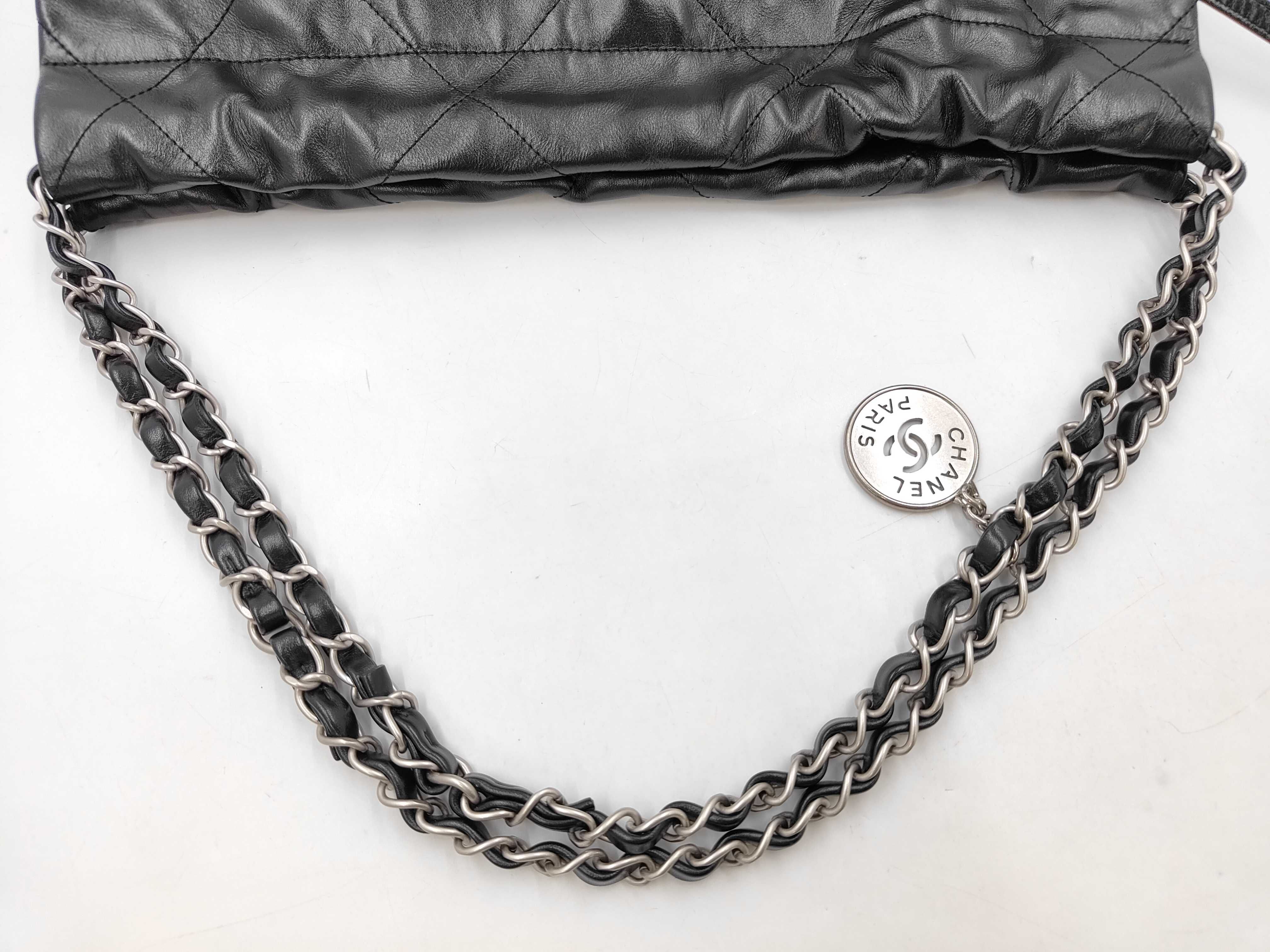 22 Shiny Calfskin Chain Shoulder Bag with Silver Hardware and Pouch, Serial Number Plate, AS3260, Black Bag — view 5
