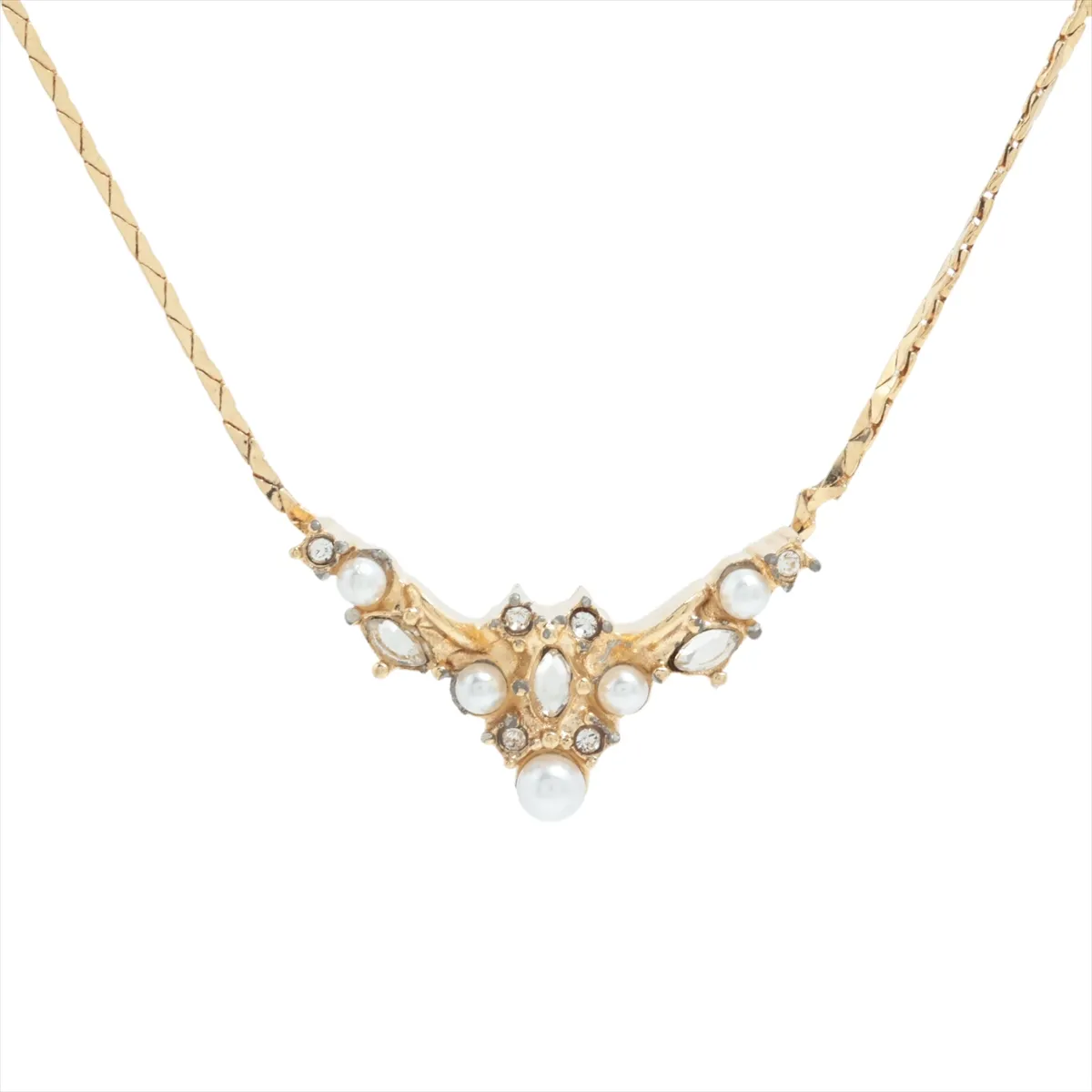 necklace, gold plated, rhinestones, and faux pearls. Shows signs of wear,