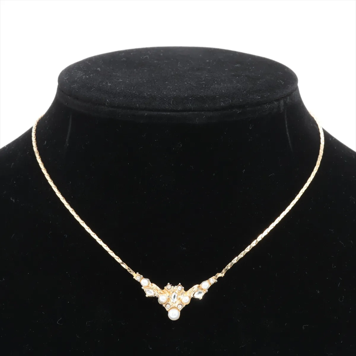 necklace, gold plated, rhinestones, and faux pearls. Shows signs of wear, — view 5