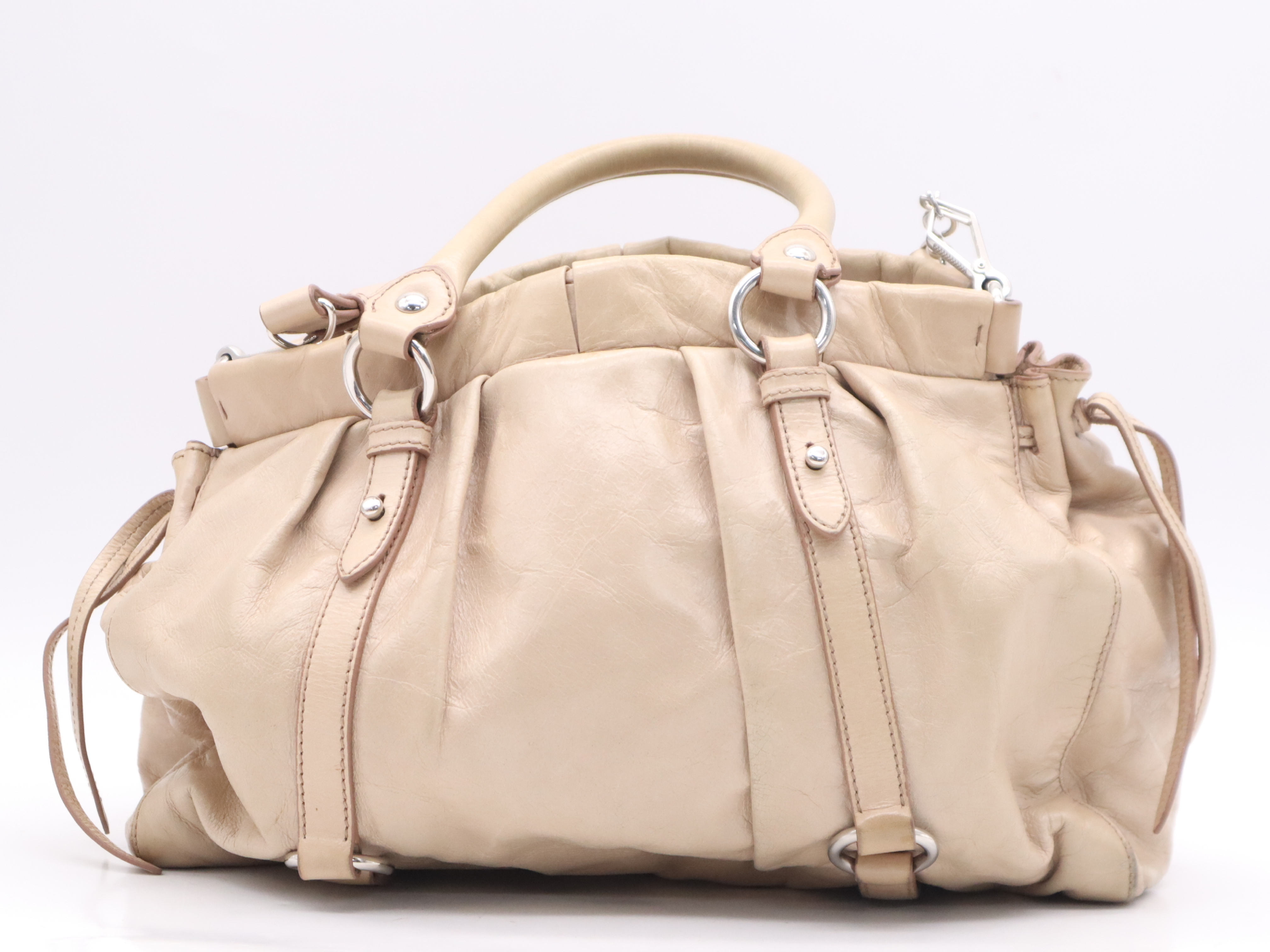 RT0383 Leather Vitello Lux Handbag, Beige, Silver Hardware, Includes Shoulder Strap, Card Holder, and Dust Bag. — view 2