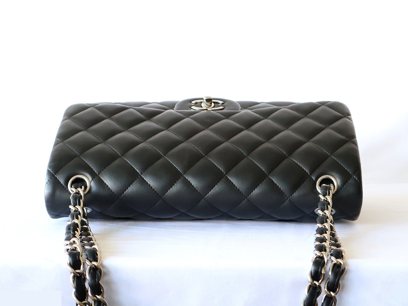 Large Matelassé Lambskin Double Flap Double Chain Shoulder Bag, Black — view 7