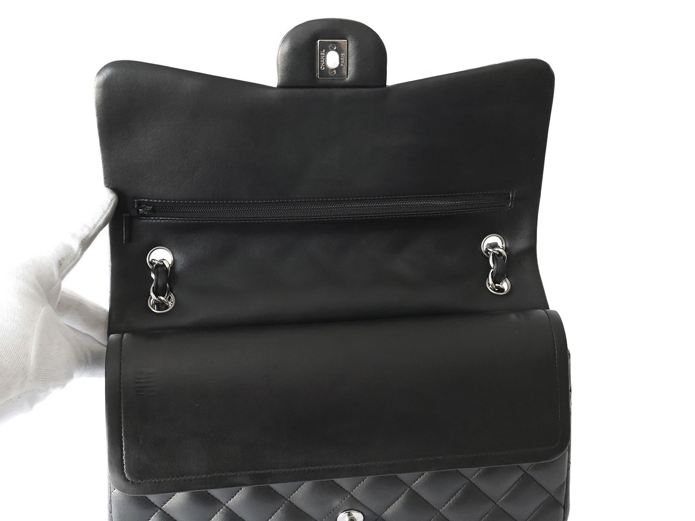 Large Matelassé Lambskin Double Flap Double Chain Shoulder Bag, Black — view 10