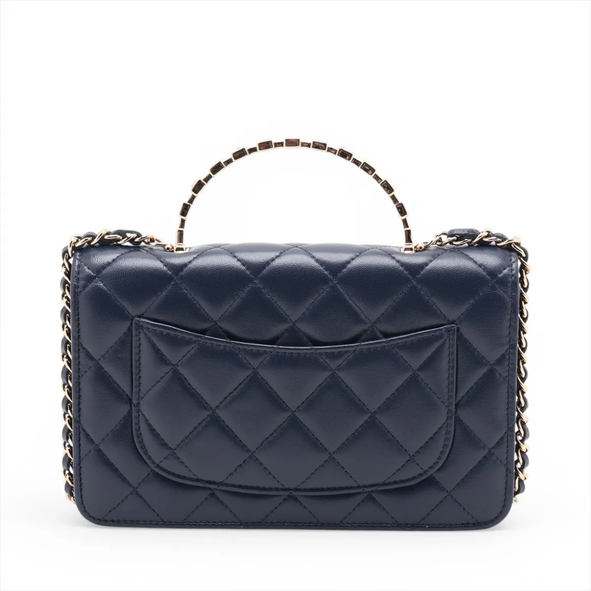 Matelassé Lambskin Chain Wallet, Top Handle, Navy, Gold Hardware, APTKL2T2, Random Plate — view 2