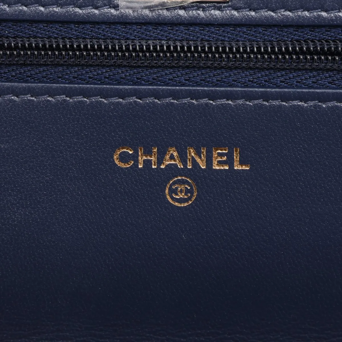 Matelassé Lambskin Chain Wallet, Top Handle, Navy, Gold Hardware, APTKL2T2, Random Plate — view 12