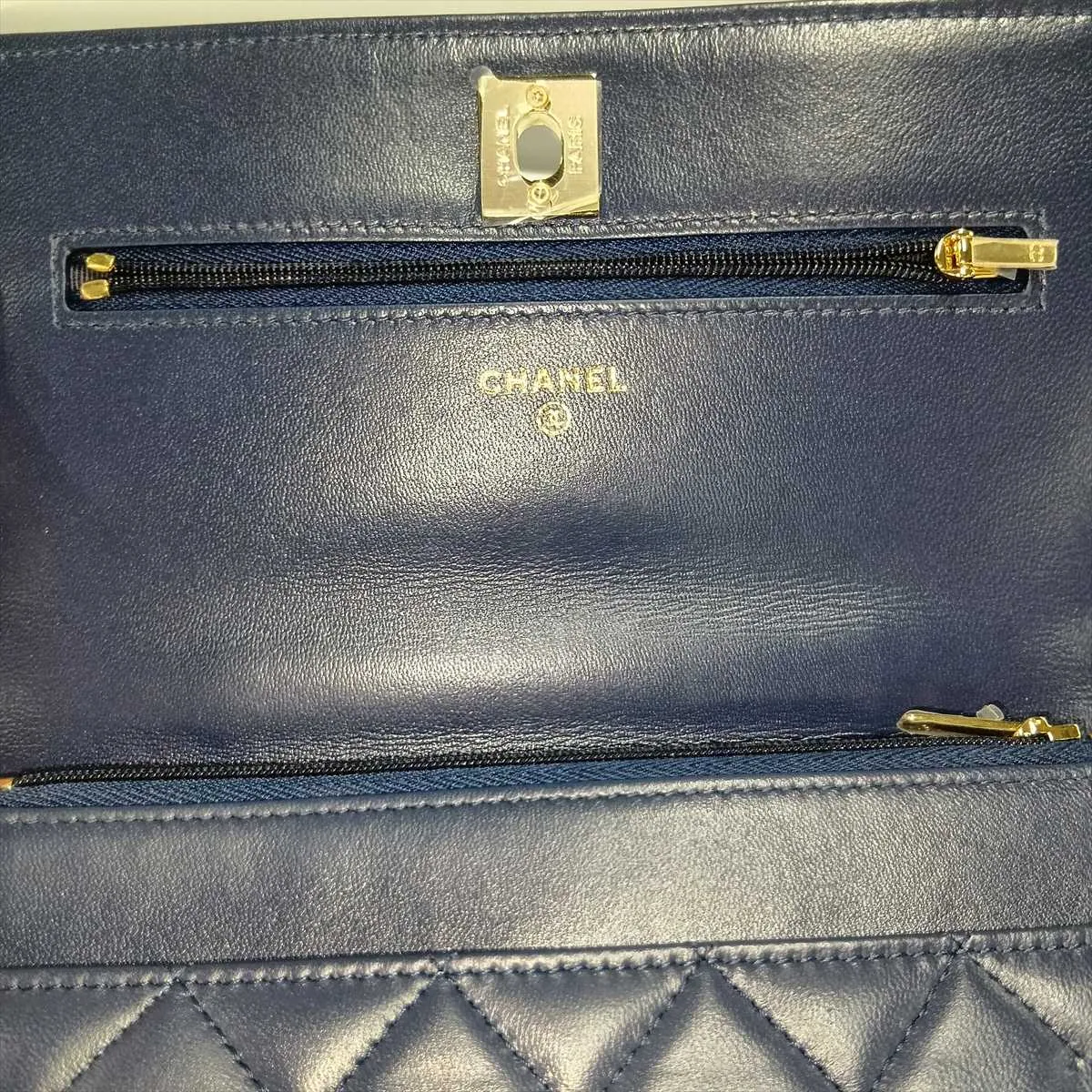Matelassé Lambskin Chain Wallet, Top Handle, Navy, Gold Hardware, APTKL2T2, Random Plate — view 14