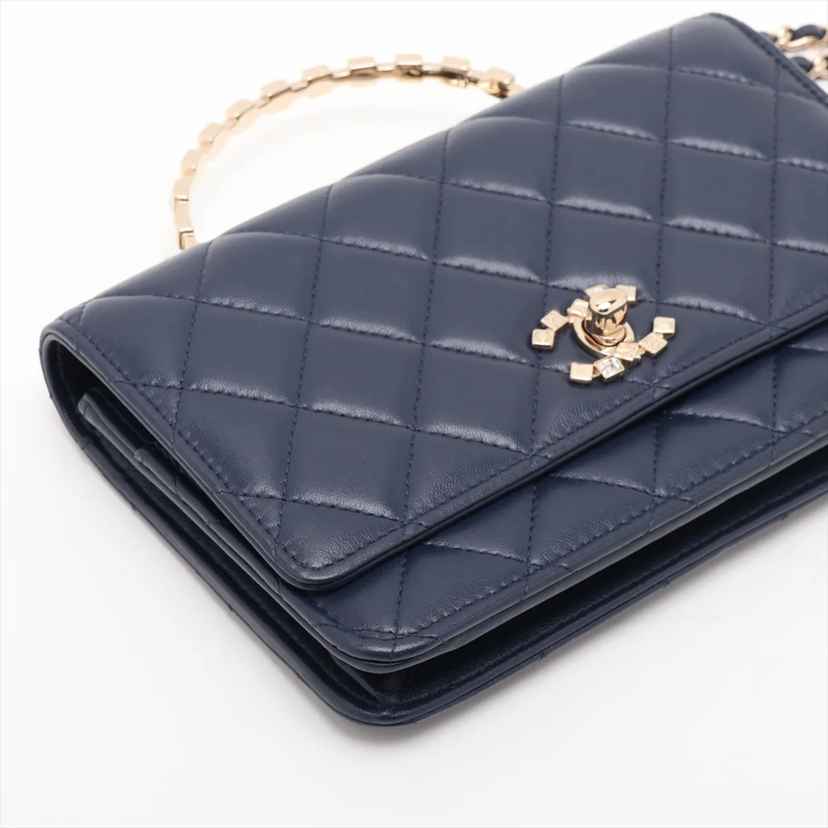Matelassé Lambskin Chain Wallet, Top Handle, Navy, Gold Hardware, APTKL2T2, Random Plate — view 4