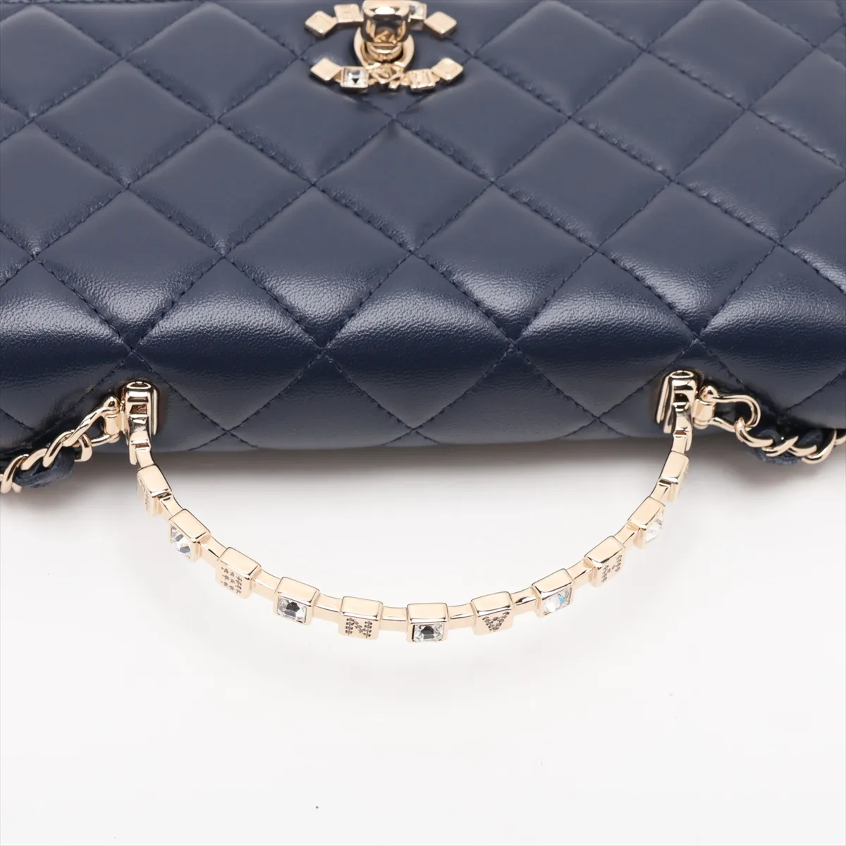 Matelassé Lambskin Chain Wallet, Top Handle, Navy, Gold Hardware, APTKL2T2, Random Plate — view 5