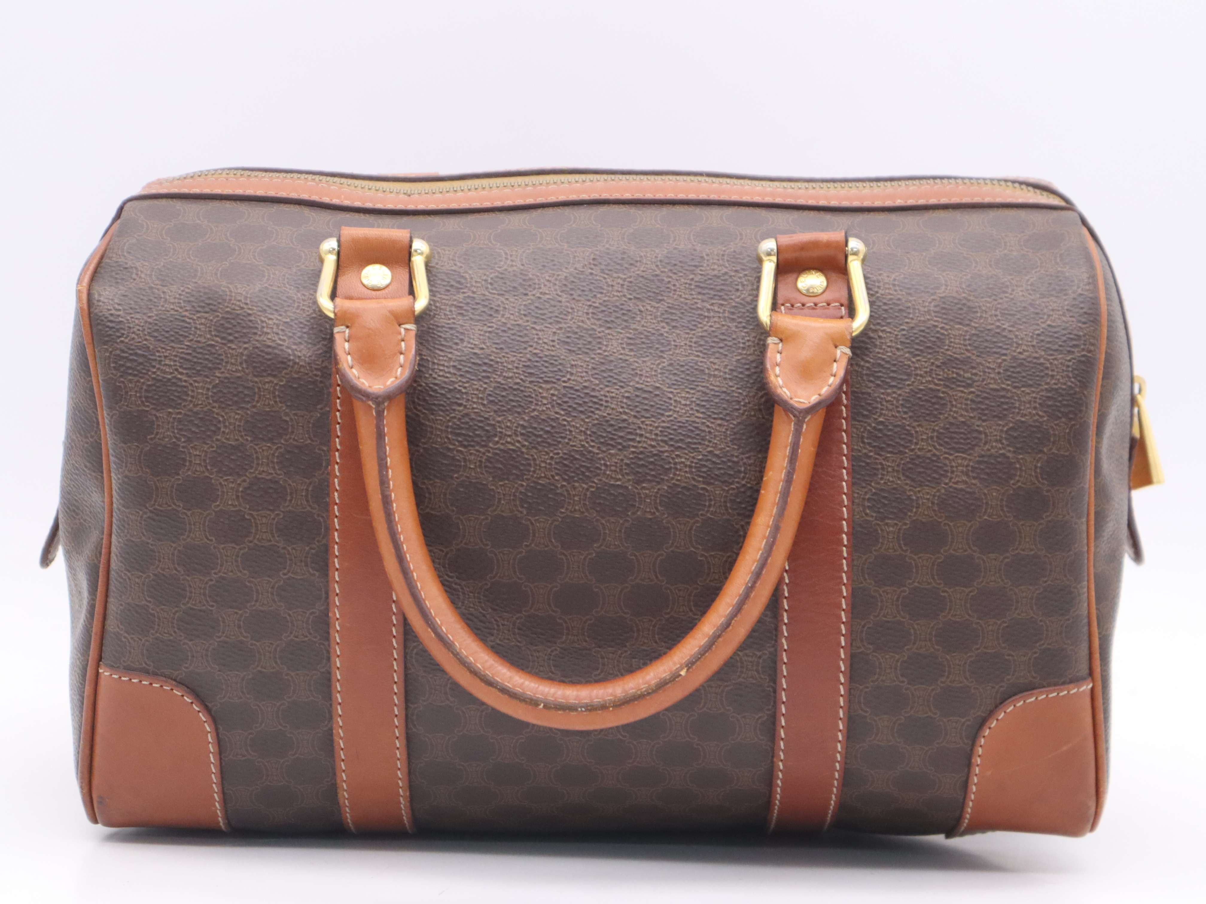 PVC x Leather Macadam Pattern Mini Boston Bag with Gold Hardware, Brown Boston Bag — view 2