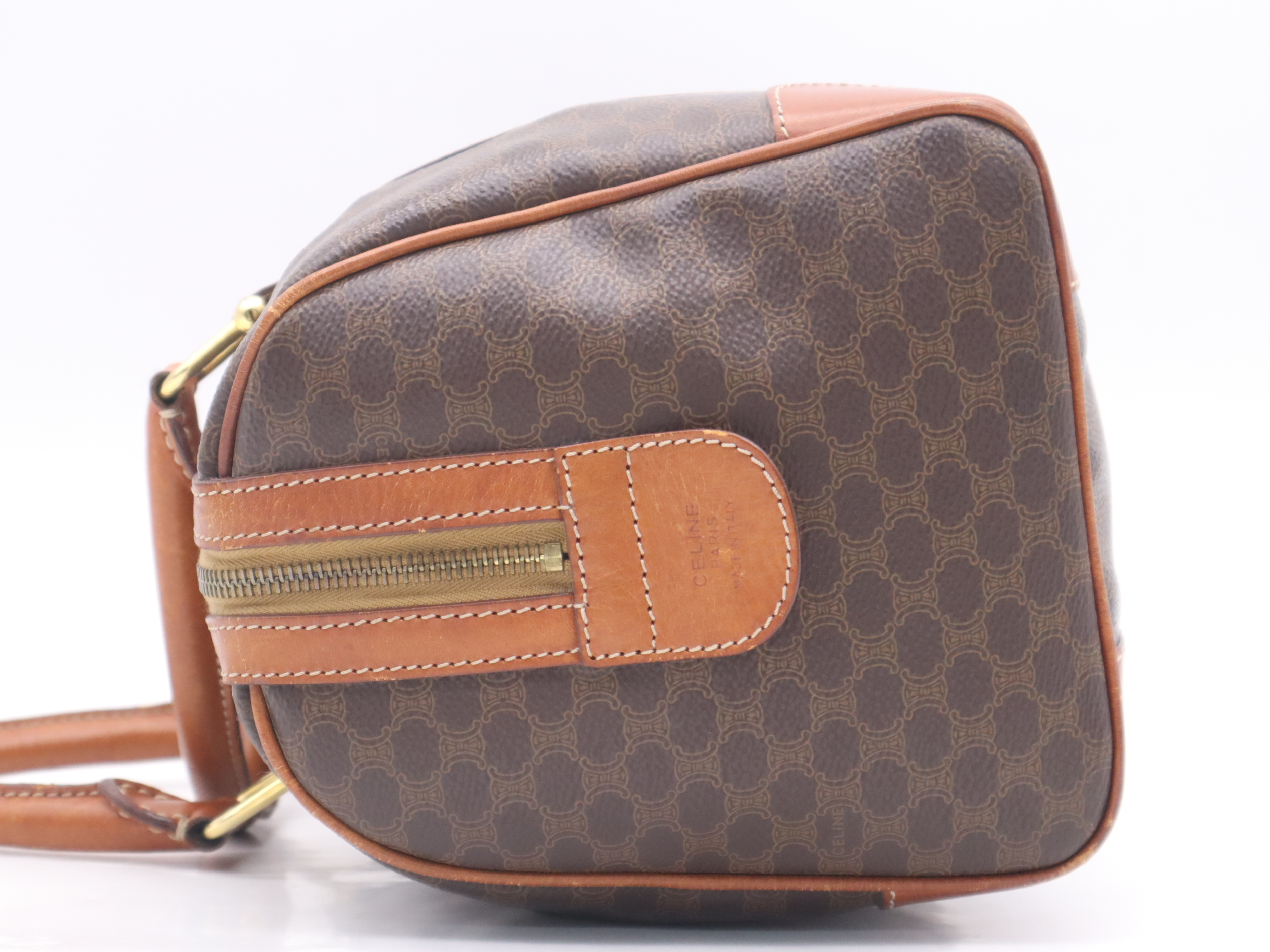 PVC x Leather Macadam Pattern Mini Boston Bag with Gold Hardware, Brown Boston Bag — view 3