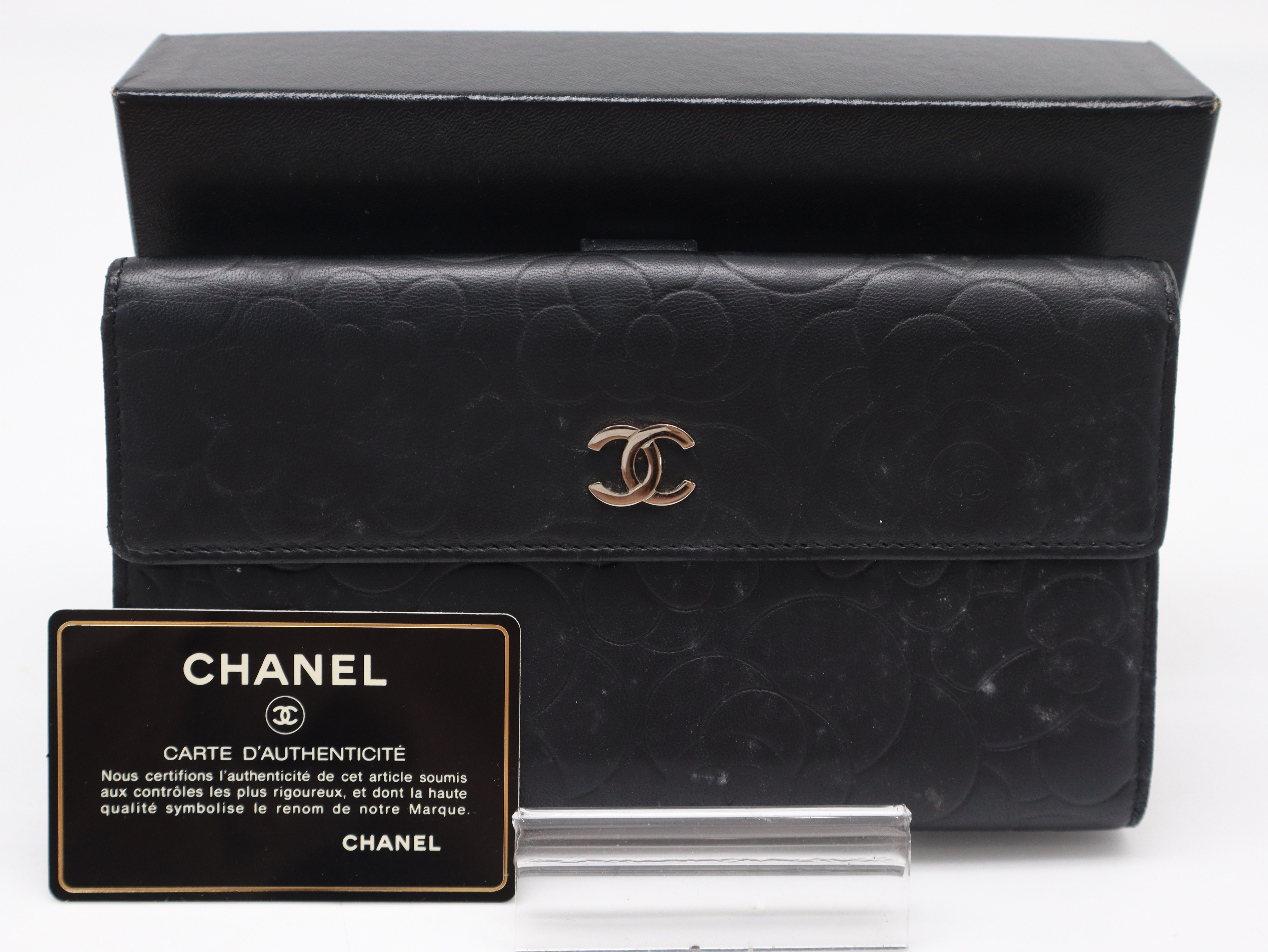 Lambskin Camellia Long Wallet, Black, with Seal and Card Holder, Item Number 15396338, with Guarantee Card and Box.