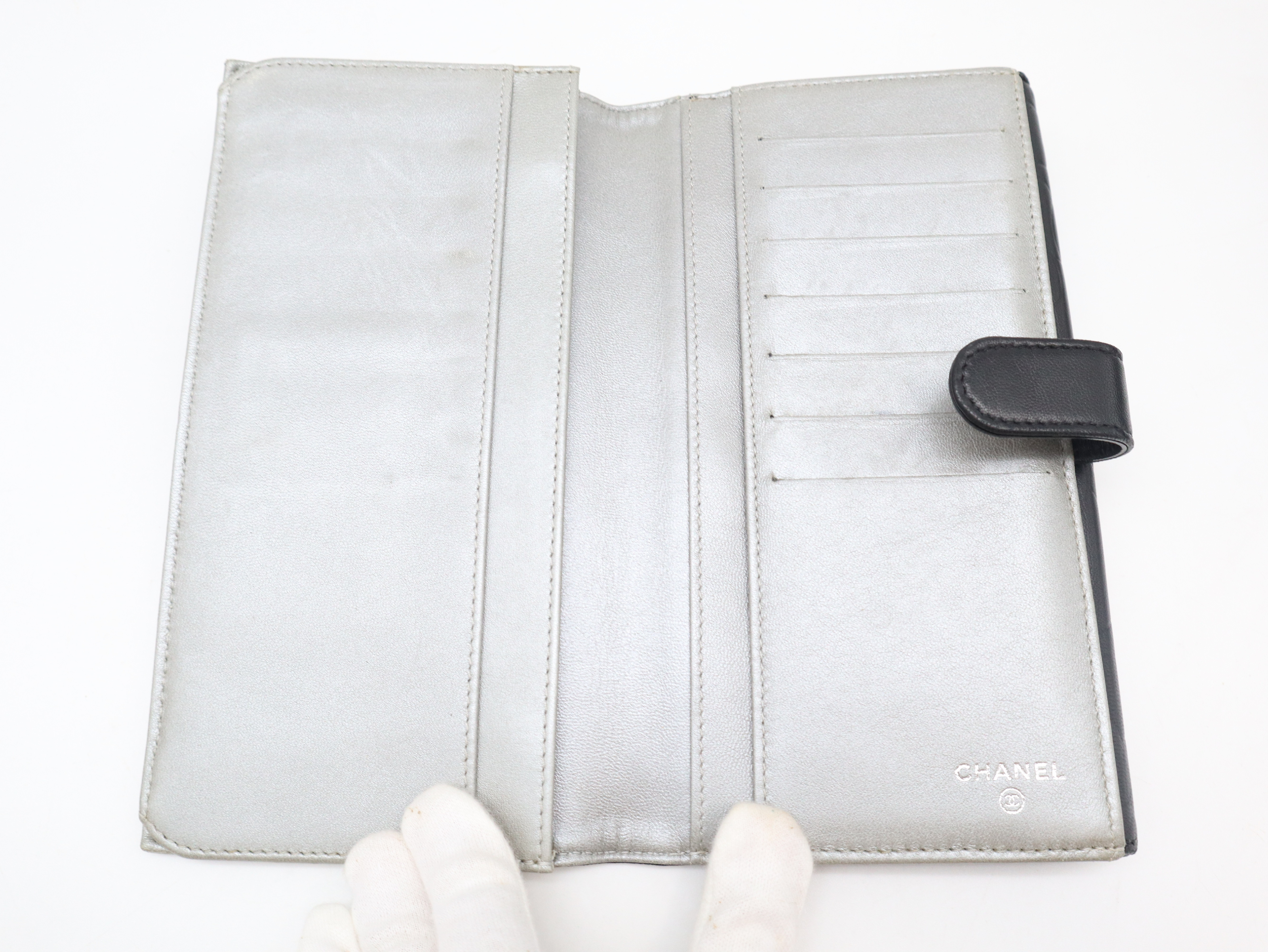 Lambskin Camellia Long Wallet, Black, with Seal and Card Holder, Item Number 15396338, with Guarantee Card and Box. — view 8