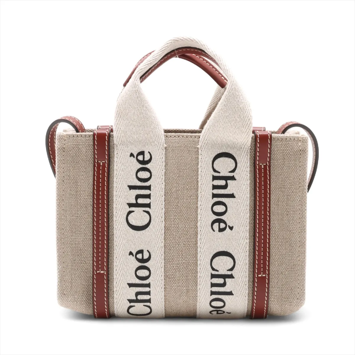 Woody Nano Canvas x Leather 2-Way Handbag, Beige x Brown — view 2