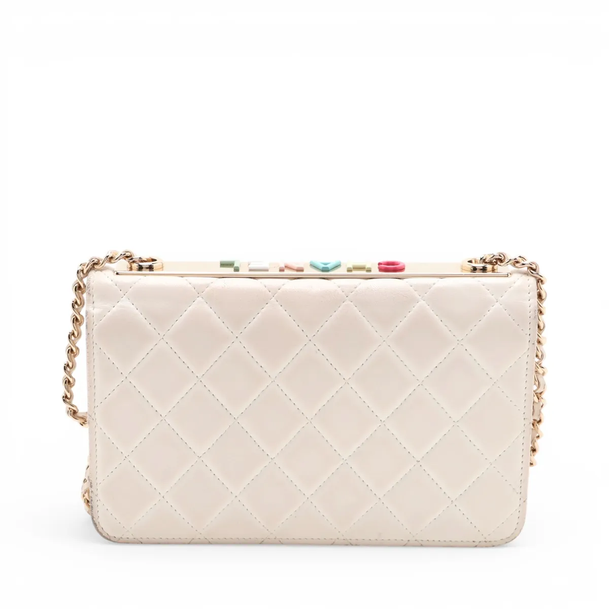 Trendy CC Lambskin Chain Wallet, White with Gold Hardware, LN7T75T4, Random Plate — view 2