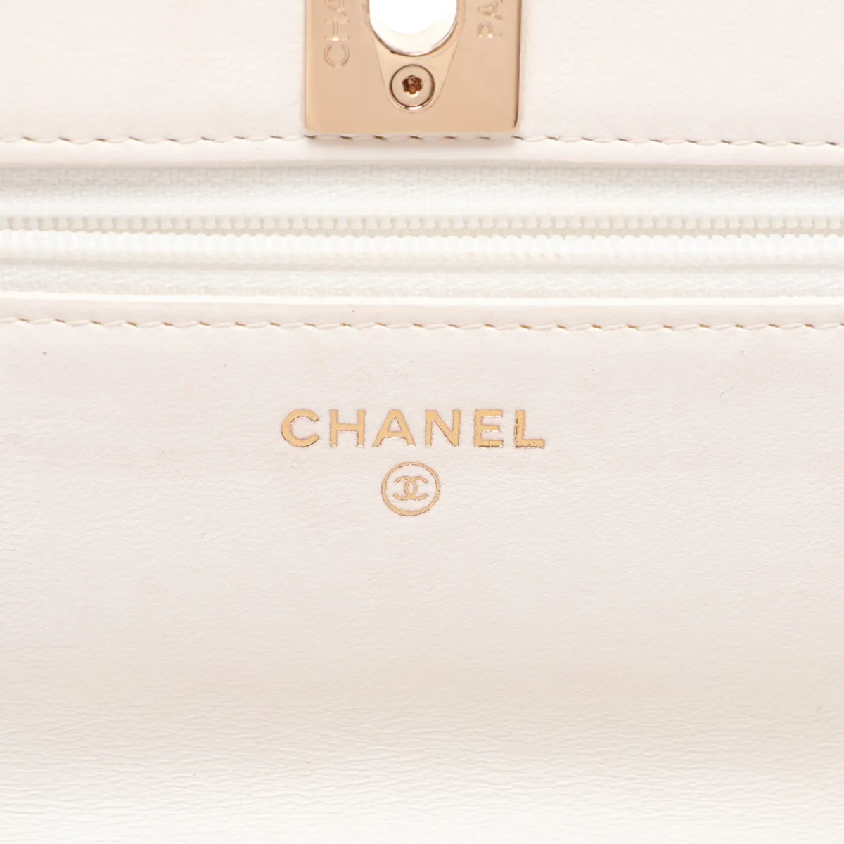 Trendy CC Lambskin Chain Wallet, White with Gold Hardware, LN7T75T4, Random Plate — view 10