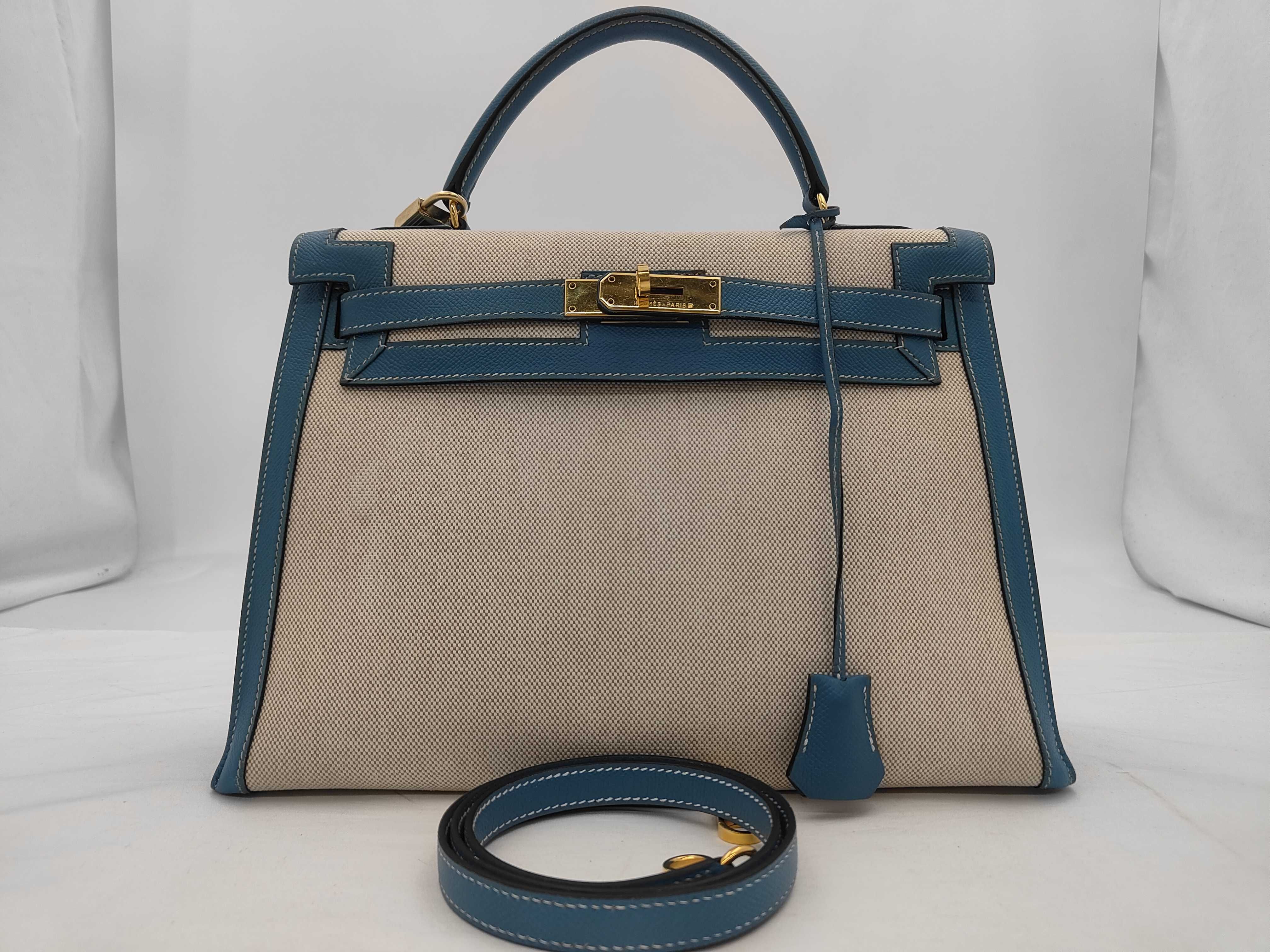 Kelly 32 Handbag, Toile Epsom Leather, Blue, Gold Hardware, B Stamp, ST Bag