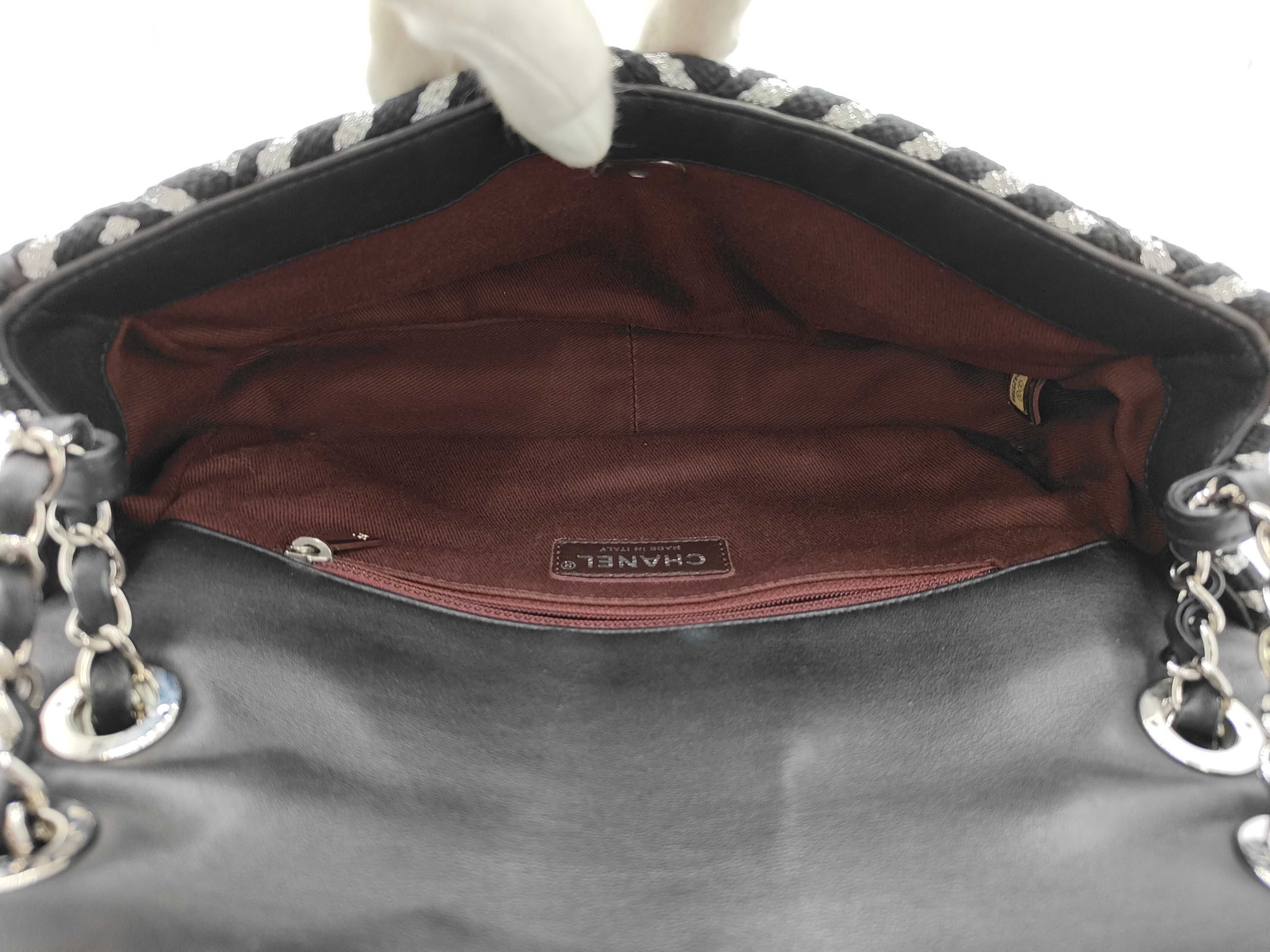 Coco Mark Chain Shoulder Bag, Chevron Pattern, Wool Cotton, Black Silver, SS Shoulder Bag — view 5