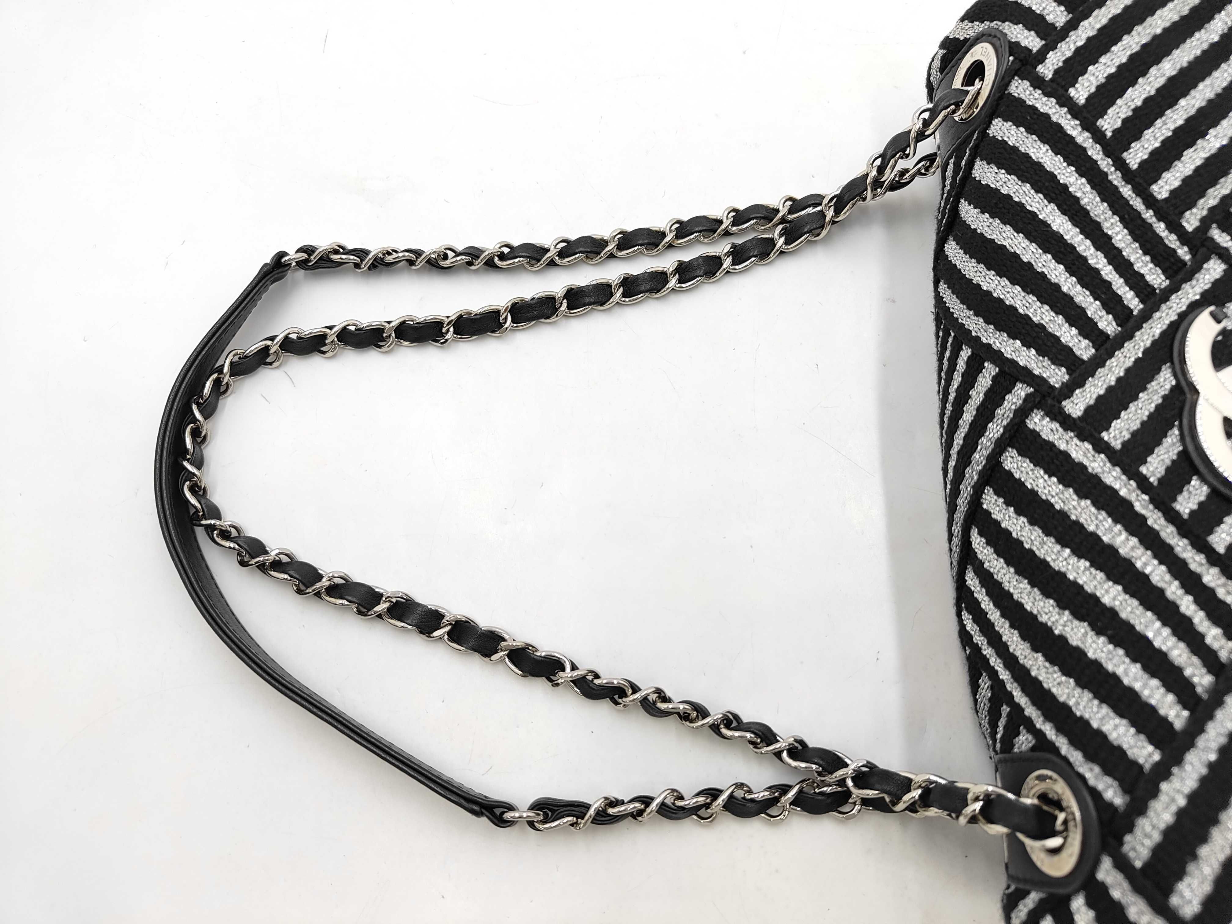 Coco Mark Chain Shoulder Bag, Chevron Pattern, Wool Cotton, Black Silver, SS Shoulder Bag — view 9