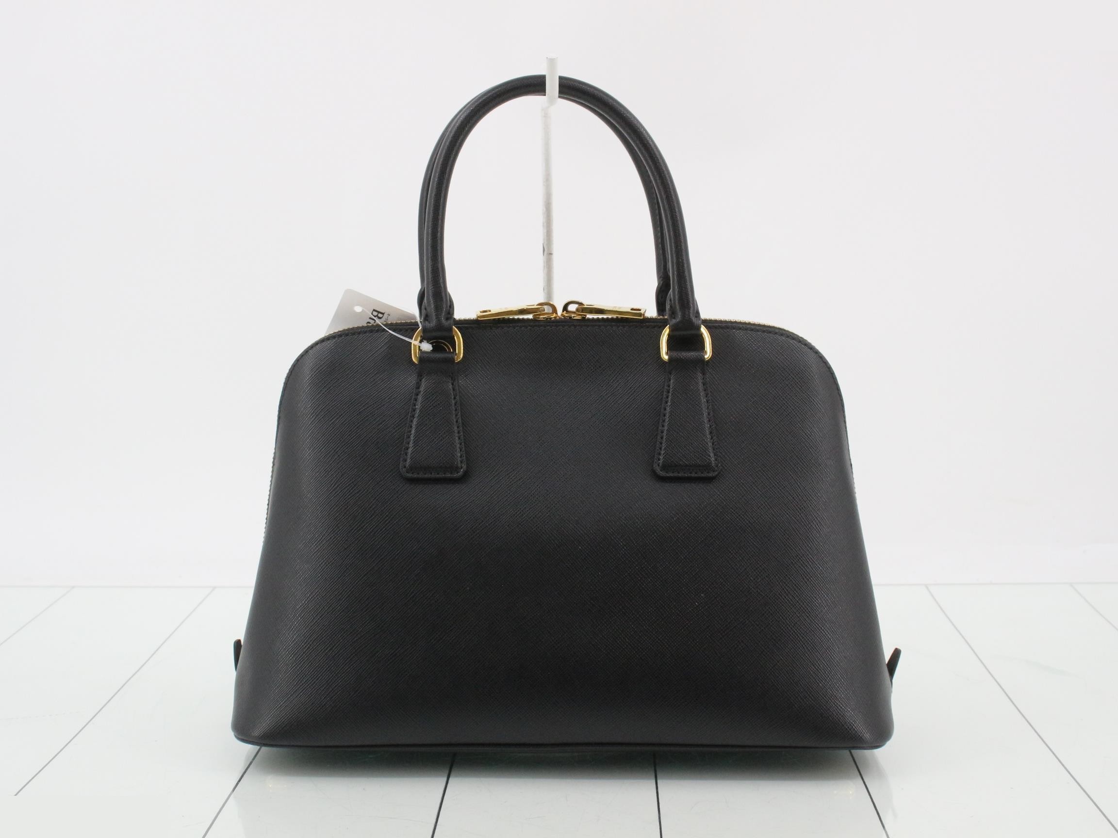Saffiano Triangle Plate 2-Way Handbag, Black — view 2