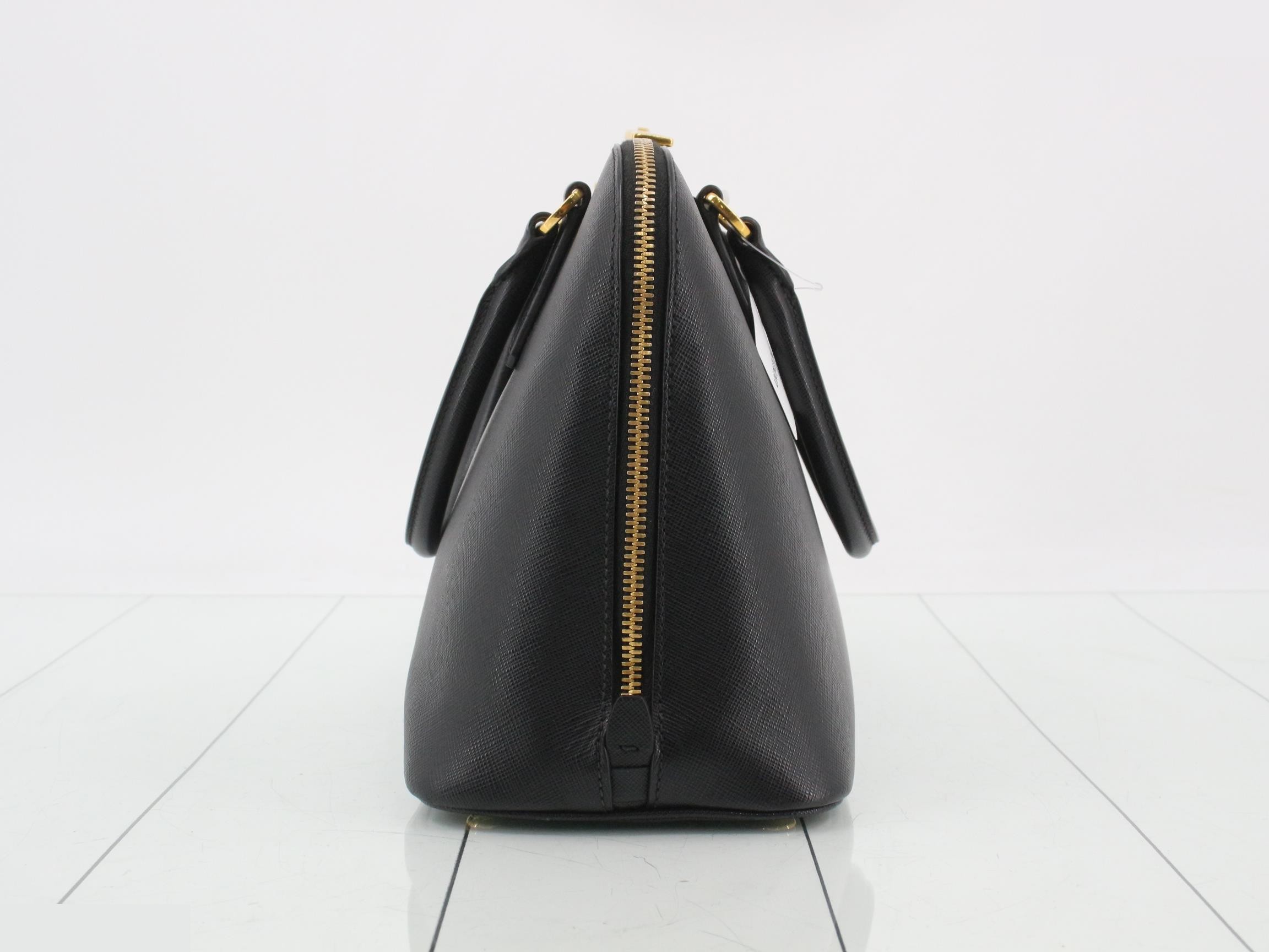 Saffiano Triangle Plate 2-Way Handbag, Black — view 3