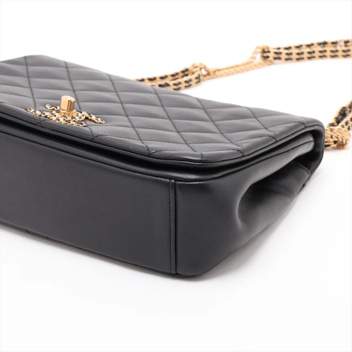 Matelassé Lambskin Single Flap Double Chain Bag, Black with Gold Hardware, A09KC935, Random Plate — view 3