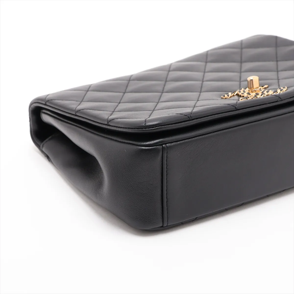 Matelassé Lambskin Single Flap Double Chain Bag, Black with Gold Hardware, A09KC935, Random Plate — view 4