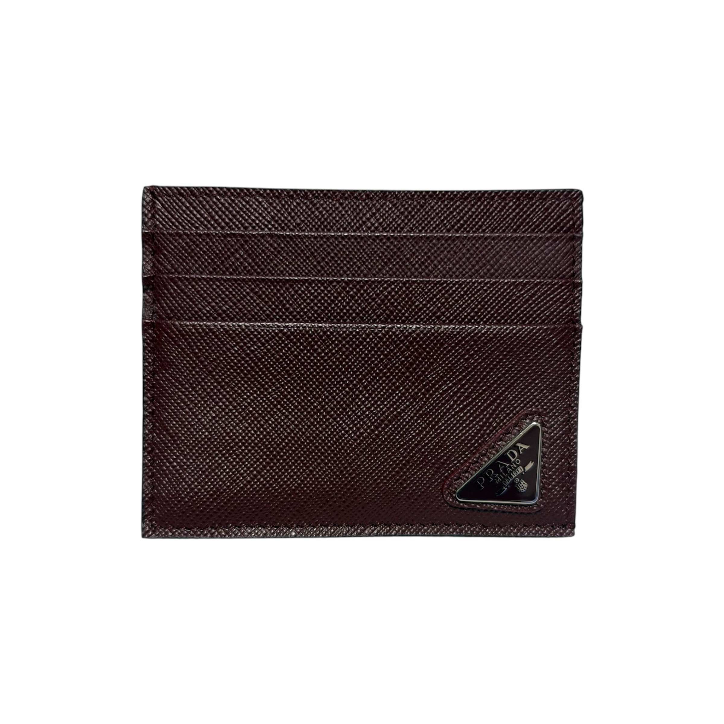 Triangle logo Saffiano card case, wine red, unused.
