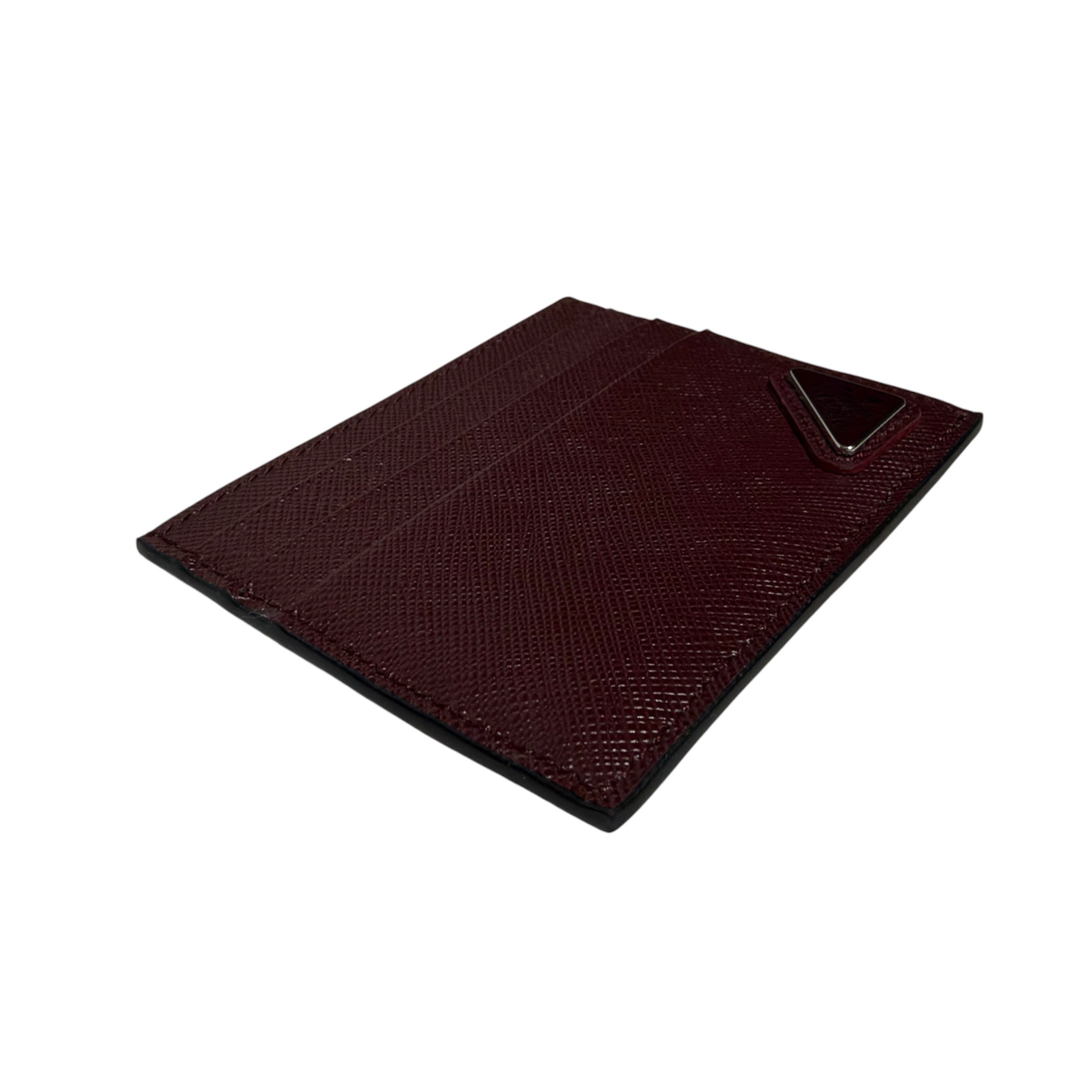 Triangle logo Saffiano card case, wine red, unused. — view 3
