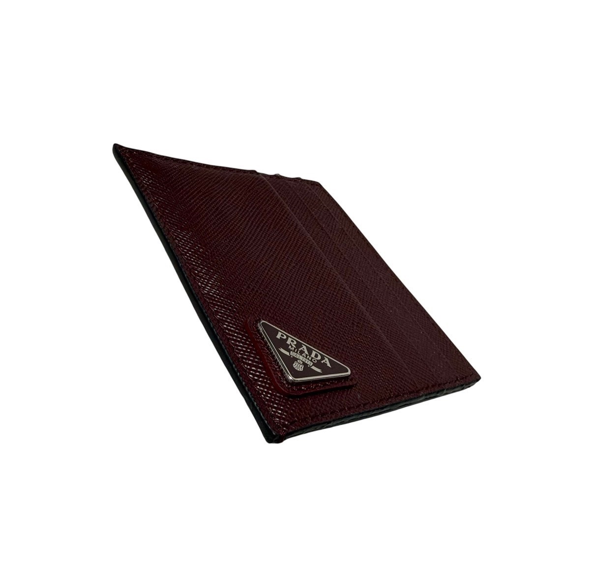 Triangle logo Saffiano card case, wine red, unused. — view 4