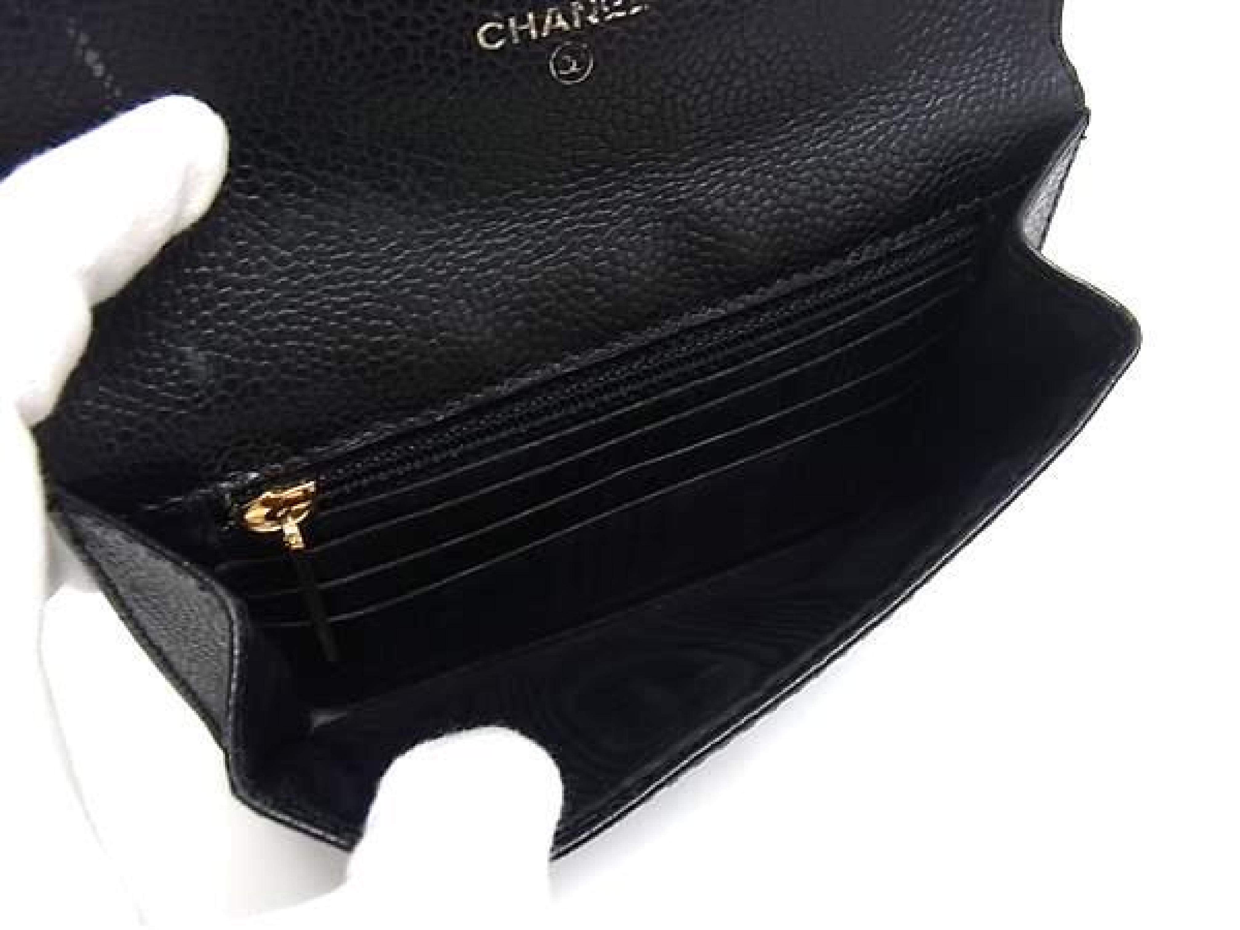 Coco Mark Caviar Skin Bi-fold Wallet, Coin Purse, Card Holder, Women's, Black (FY5350) — view 4