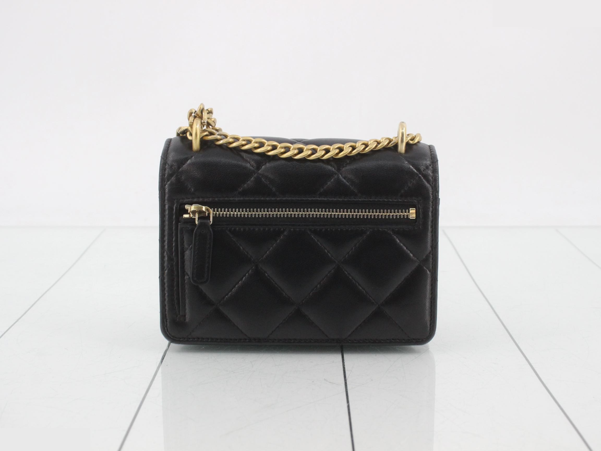 Matelassé Lambskin Chain Wallet, Black — view 2