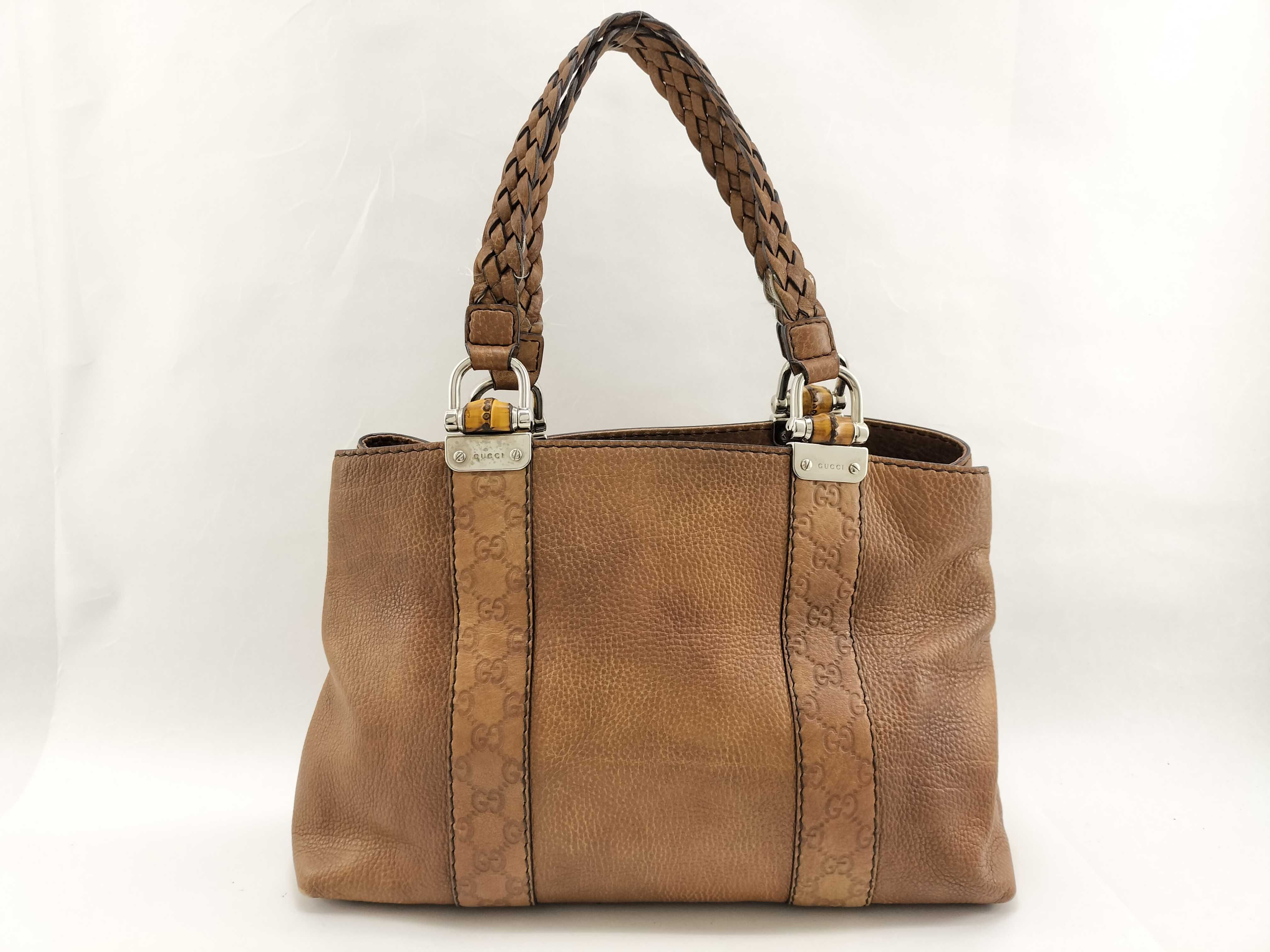 Bamboo Braided Handle Leather Tote Bag