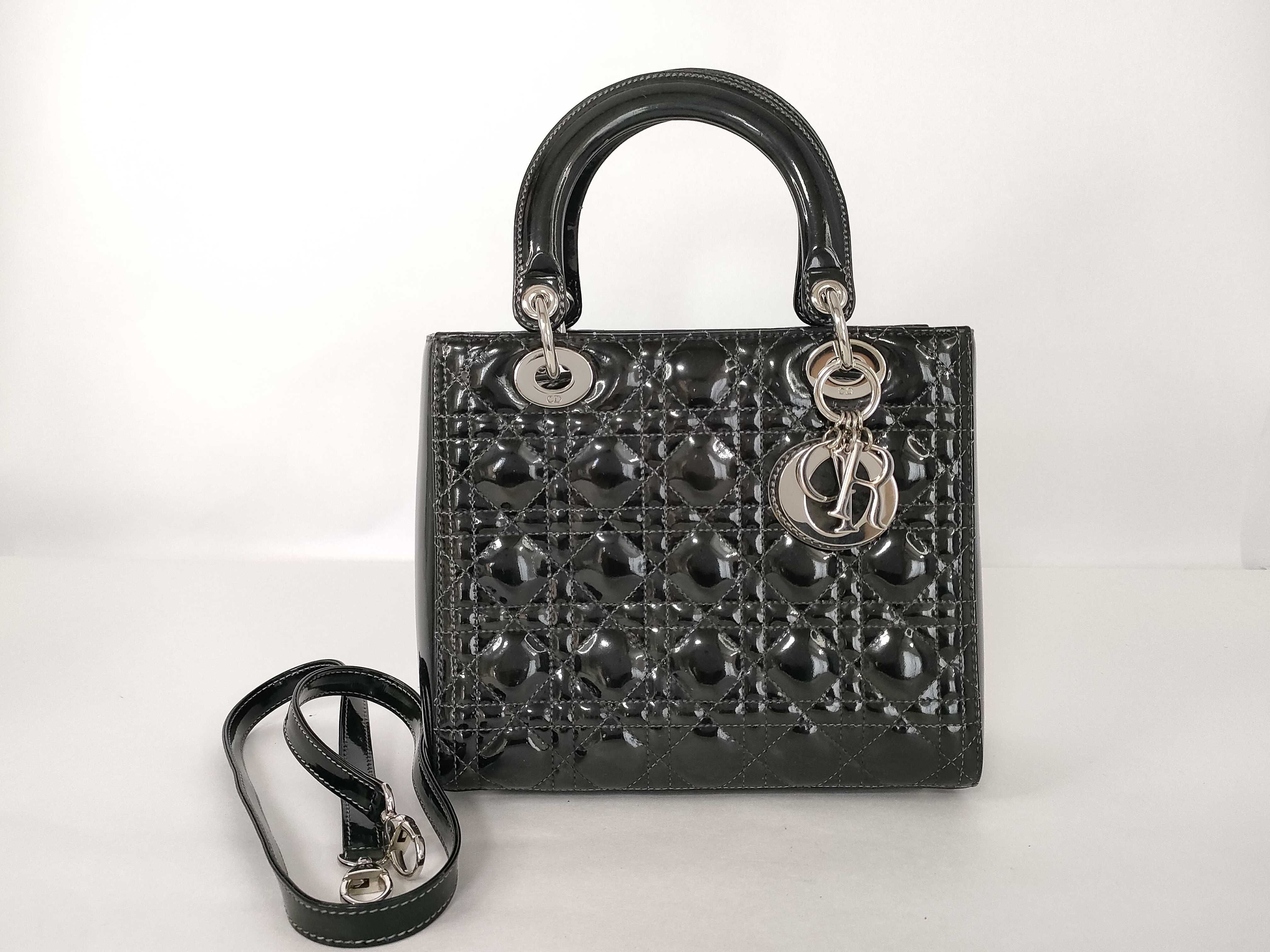 Lady Dior Christian Lady Cannage Patent Leather 2-Way Handbag Black Handbag